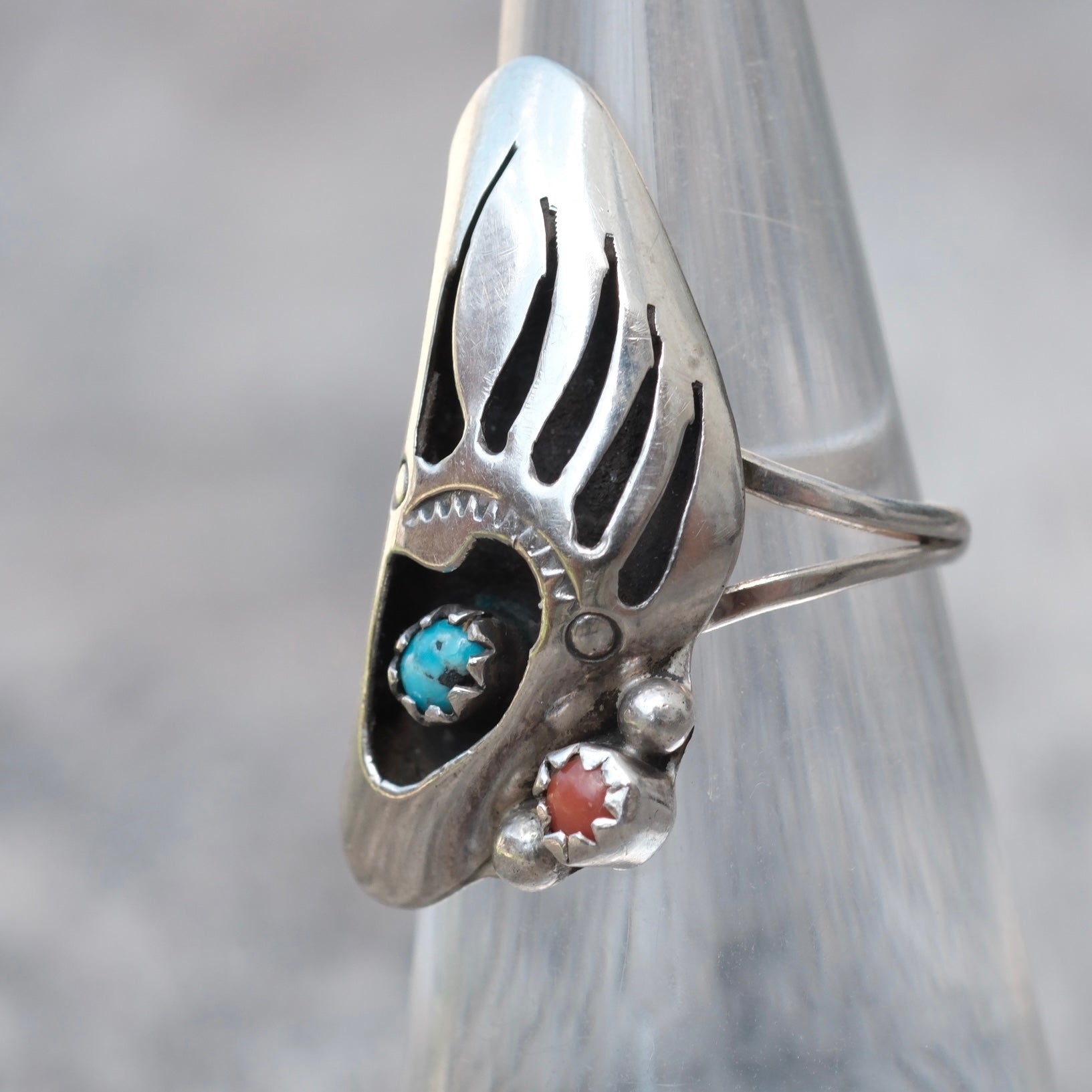 Vintage Sterling Turquoise and Coral Bear Paw Ring 5.25