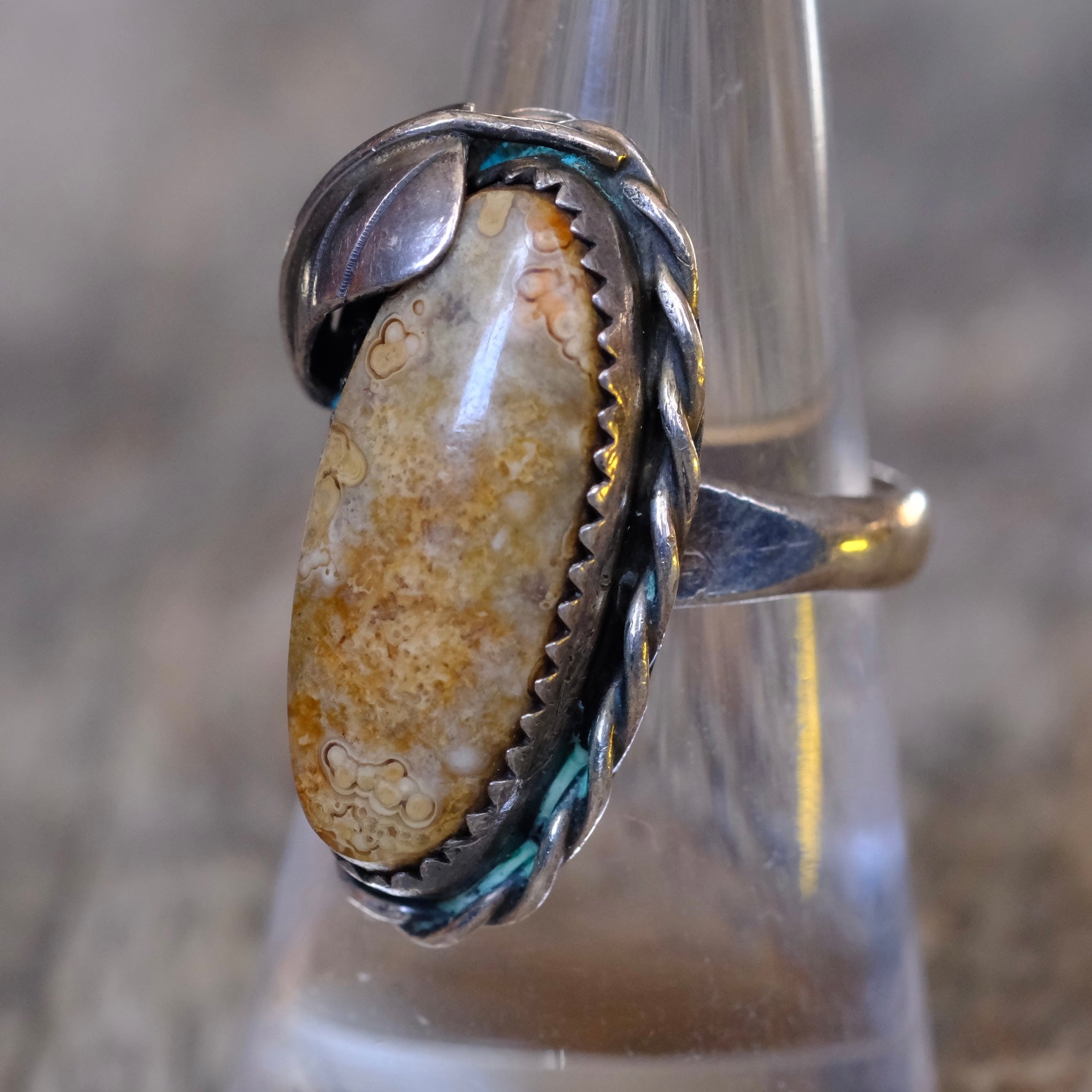 Vintage Sterling Jasper Feather Ring 7