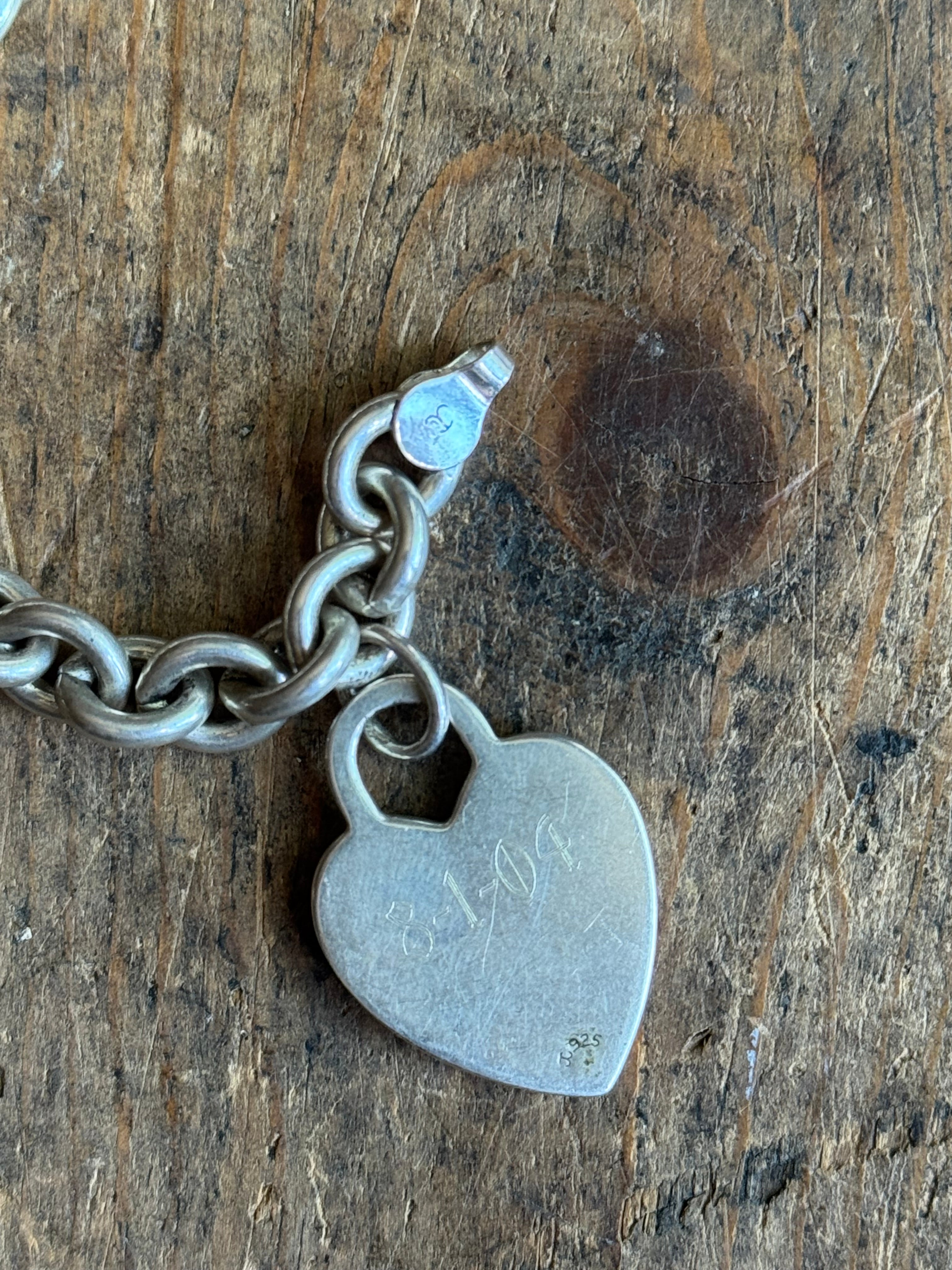 Vintage Sterling Silver Oval Cable Heart Charm Bracelet 7.25"