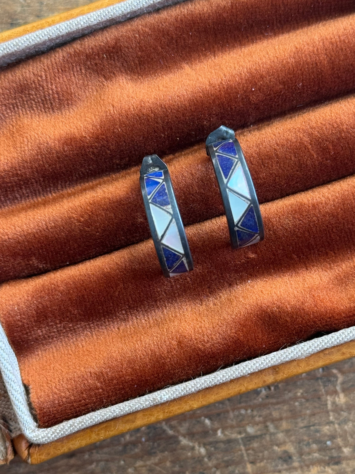 Vintage Sterling Silver Lapis & Mother Or Pearl Inlay Crescent Hoops