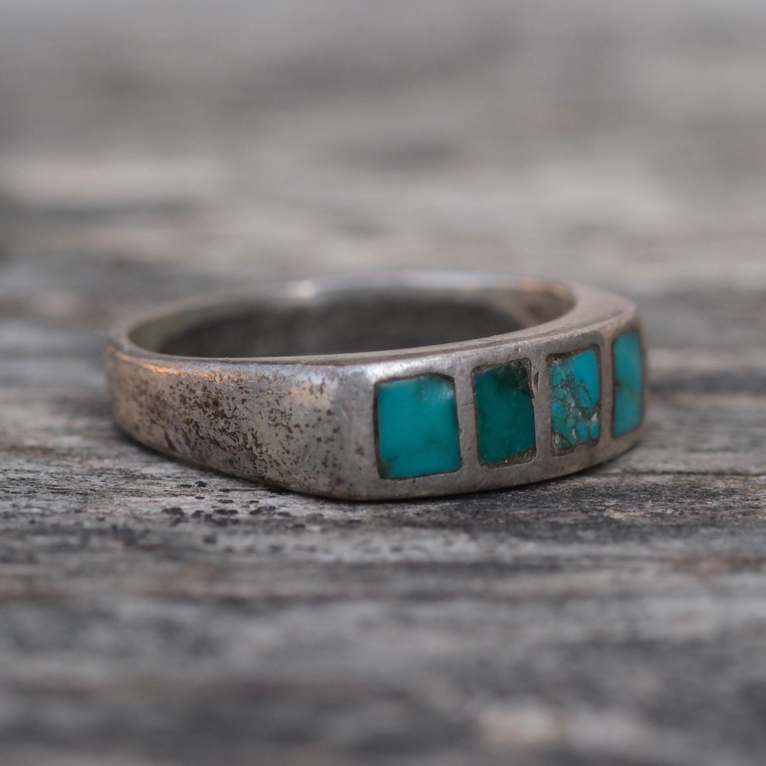 Vintage Sterling Turquoise Inlay Band Ring 8.25
