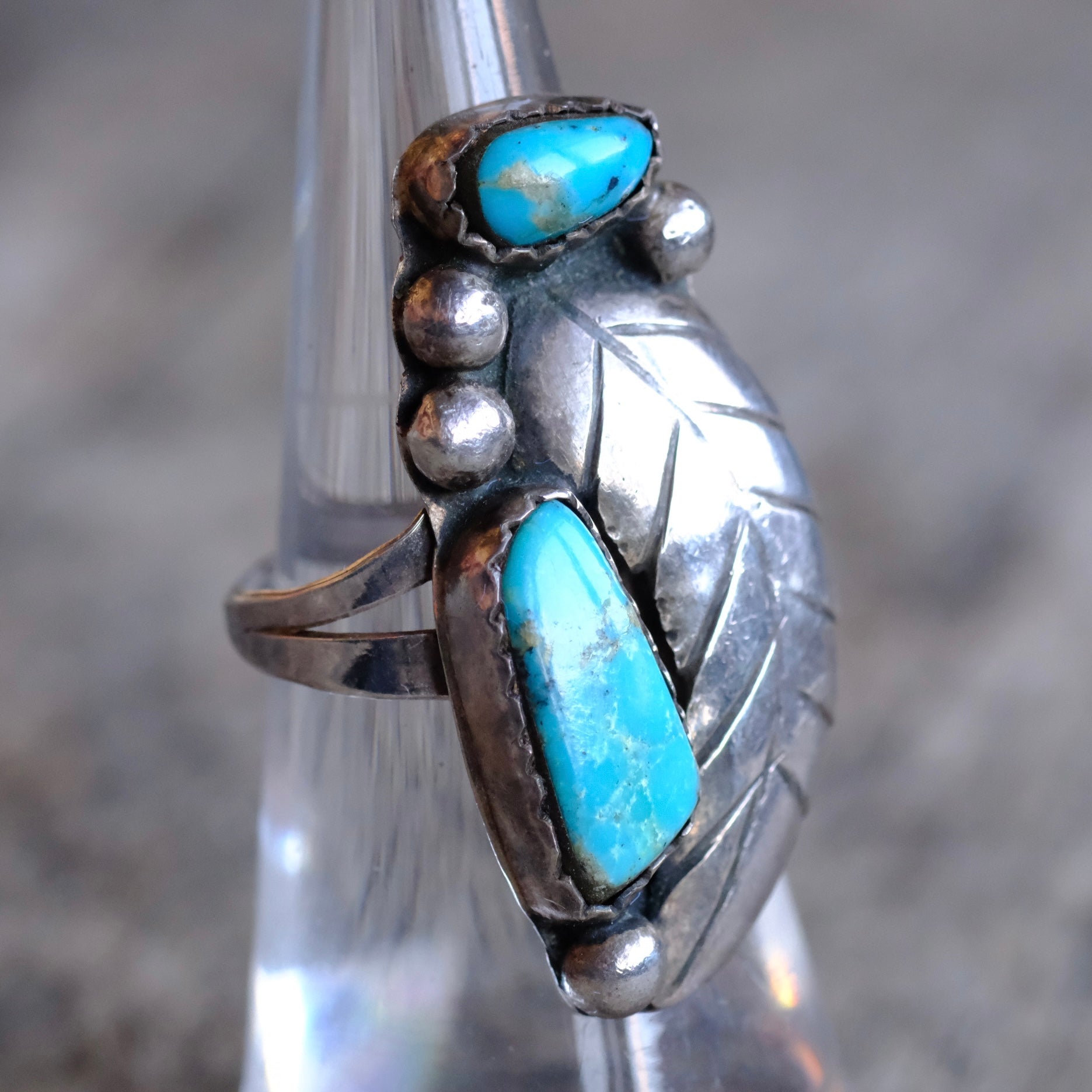 Vintage Sterling 2-Stone Turquoise Feather Ring 6.75