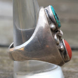Vintage Sterling Turquoise and Coral Feather Ring 10.5