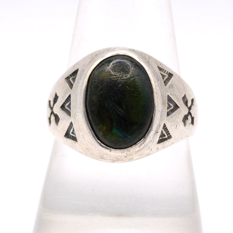 Vintage Sterling Blue Abalone Crossed Arrows Stamped Ring 9.75
