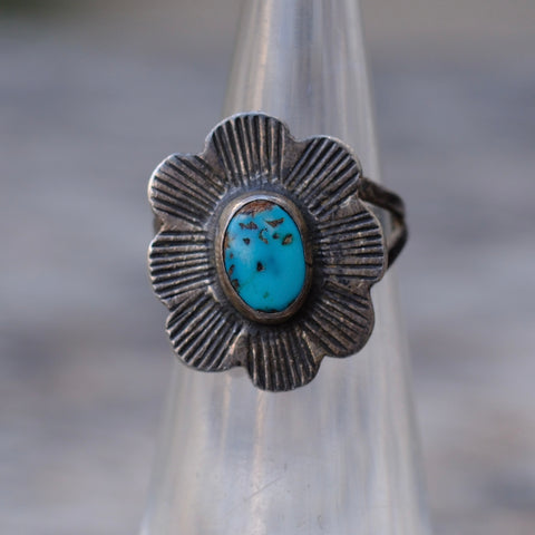 Vintage Sterling Turquoise Floral Ring 1.5