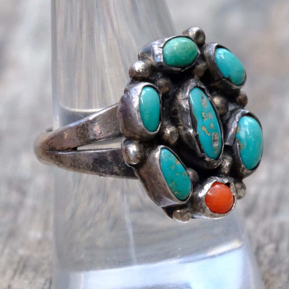 Vintage Sterling Turquoise and Coral Cluster Ring 8.75