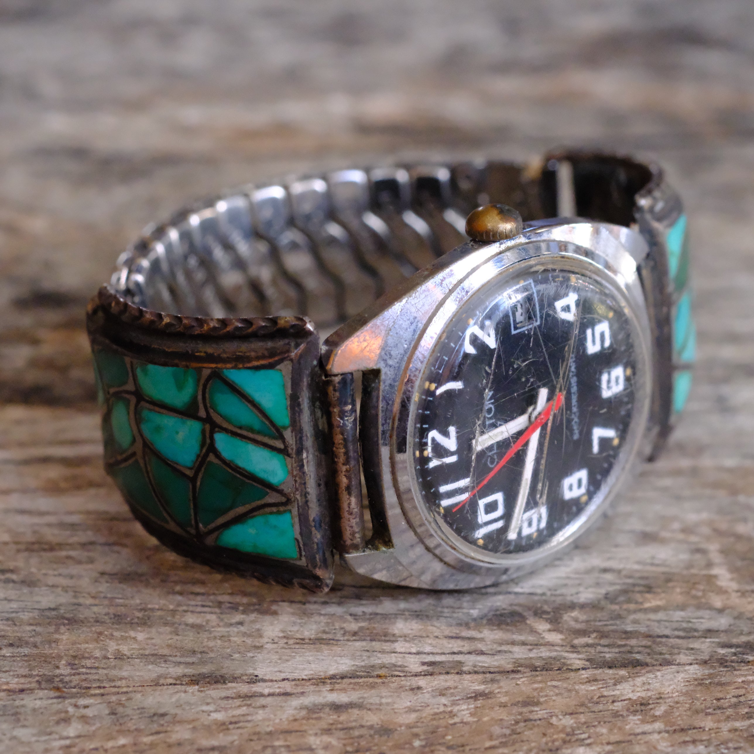 Vintage Sterling Zuni Inlay Fish Scale Watch