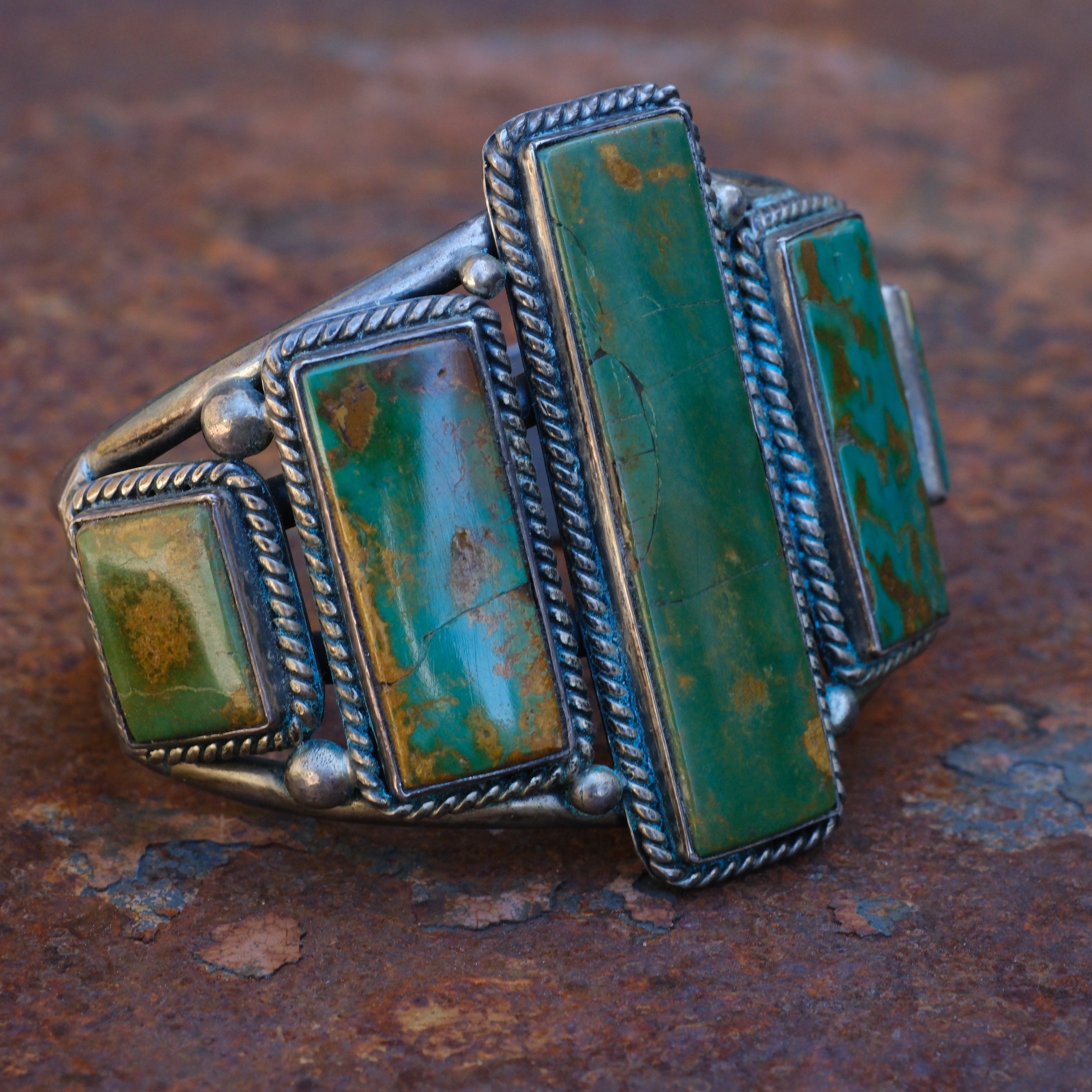 Massive Vintage Sterling 5-Stone Turquoise Roper Cuff Bracelet