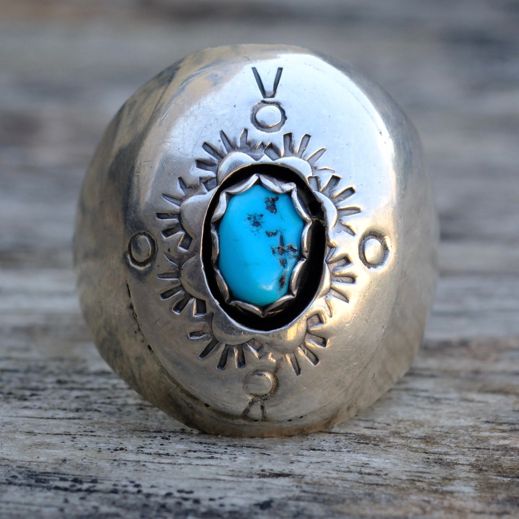 Vintage Sterling Turquoise Stamped Shadowbox Ring 9