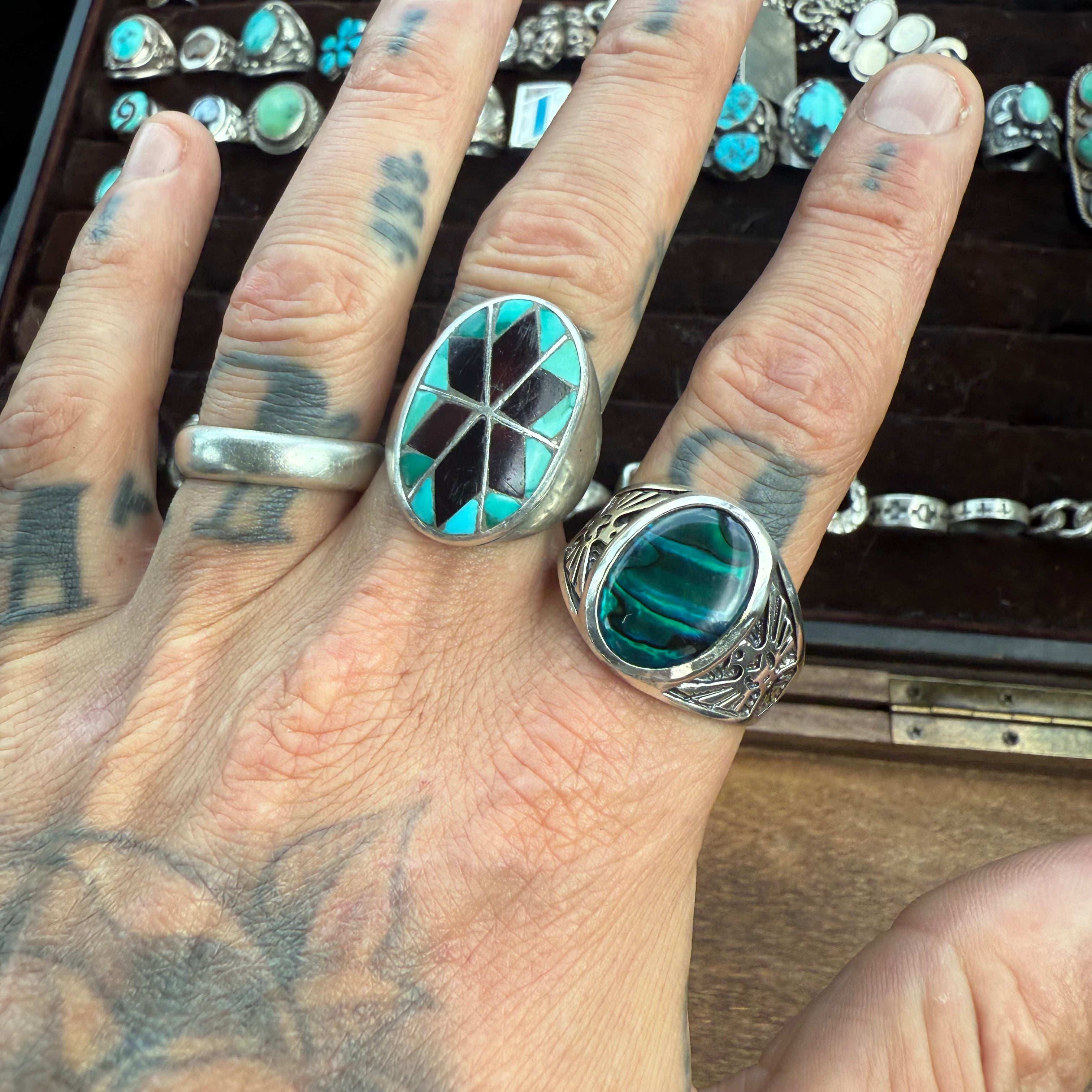 Vintage Sterling Abalone Thunderbird Ring 15.75