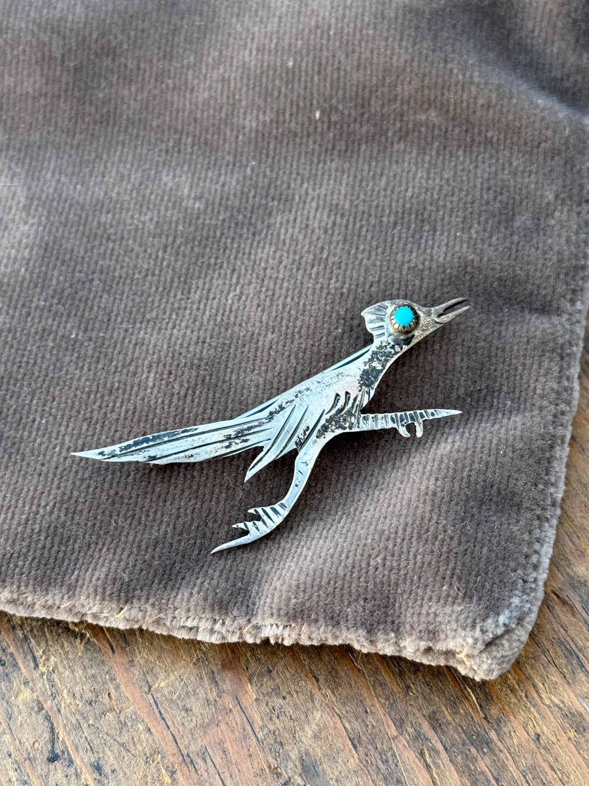 Vintage Sterling Silver Turquoise Roadrunner Pin