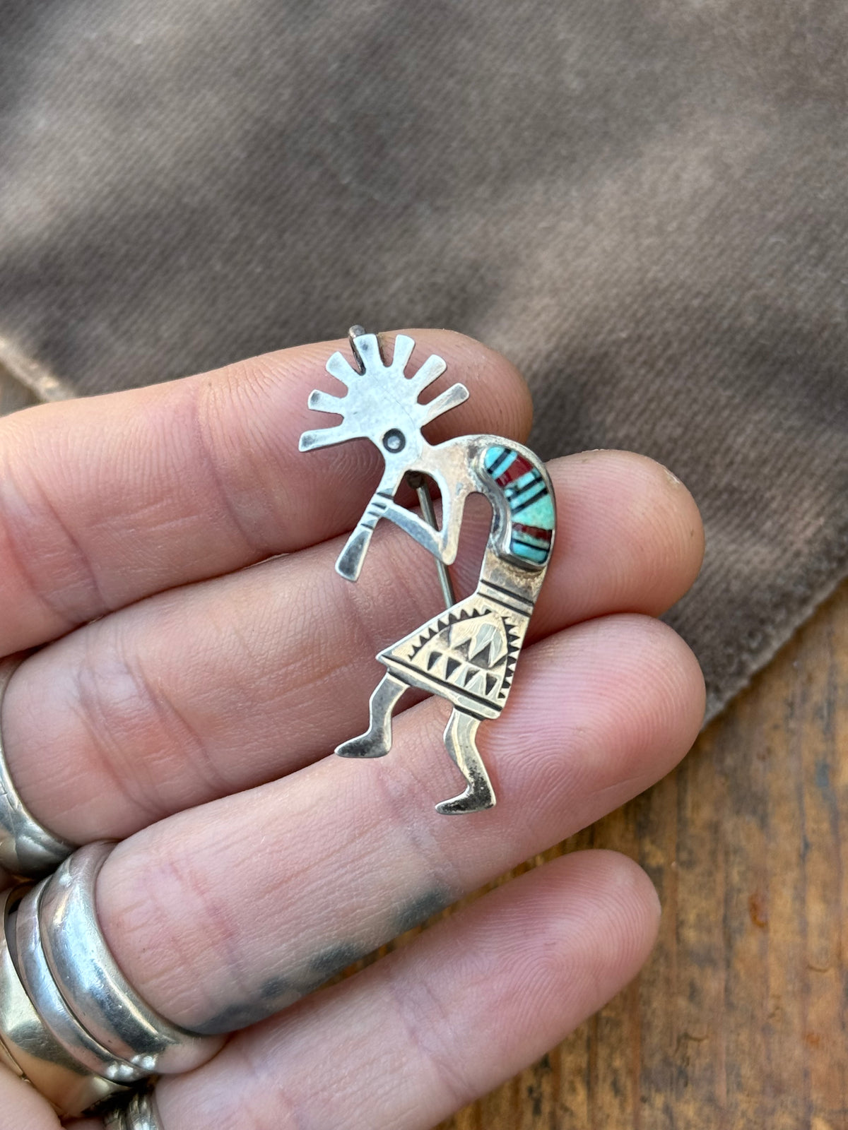 Vintage Sterling Silver Multistone Inlay Kokopelli Pin Pendant