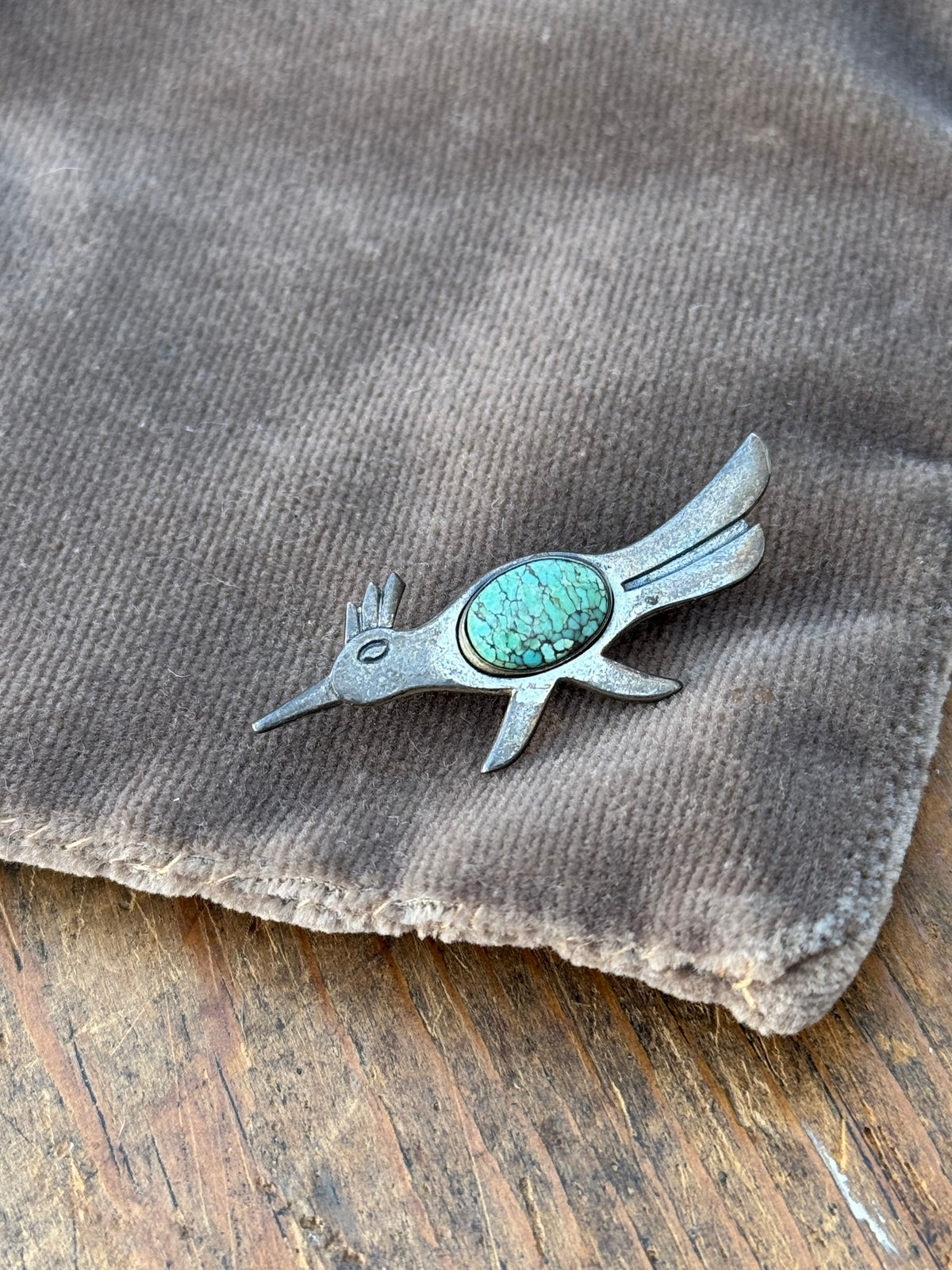Vintage Sterling Silver Turquoise Roadrunner Pin