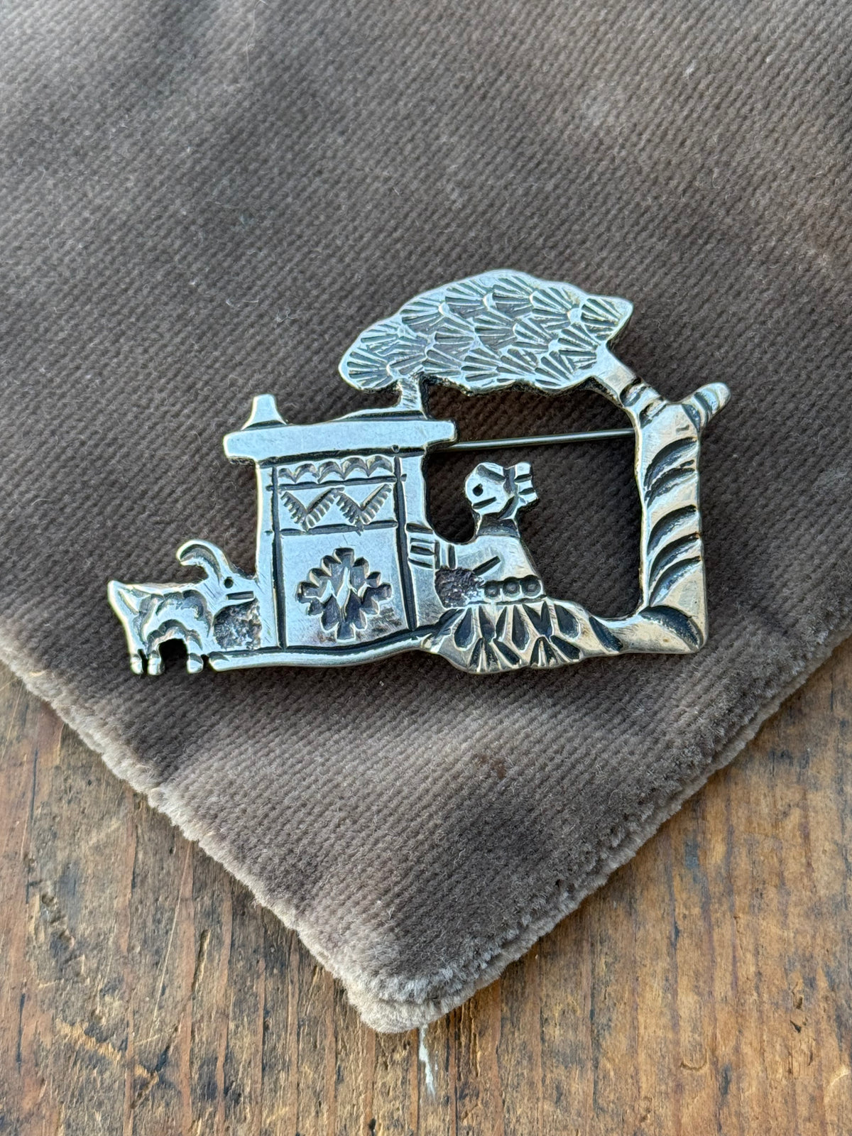 Vintage Sterling Silver Stamped Hearth Scene Pin