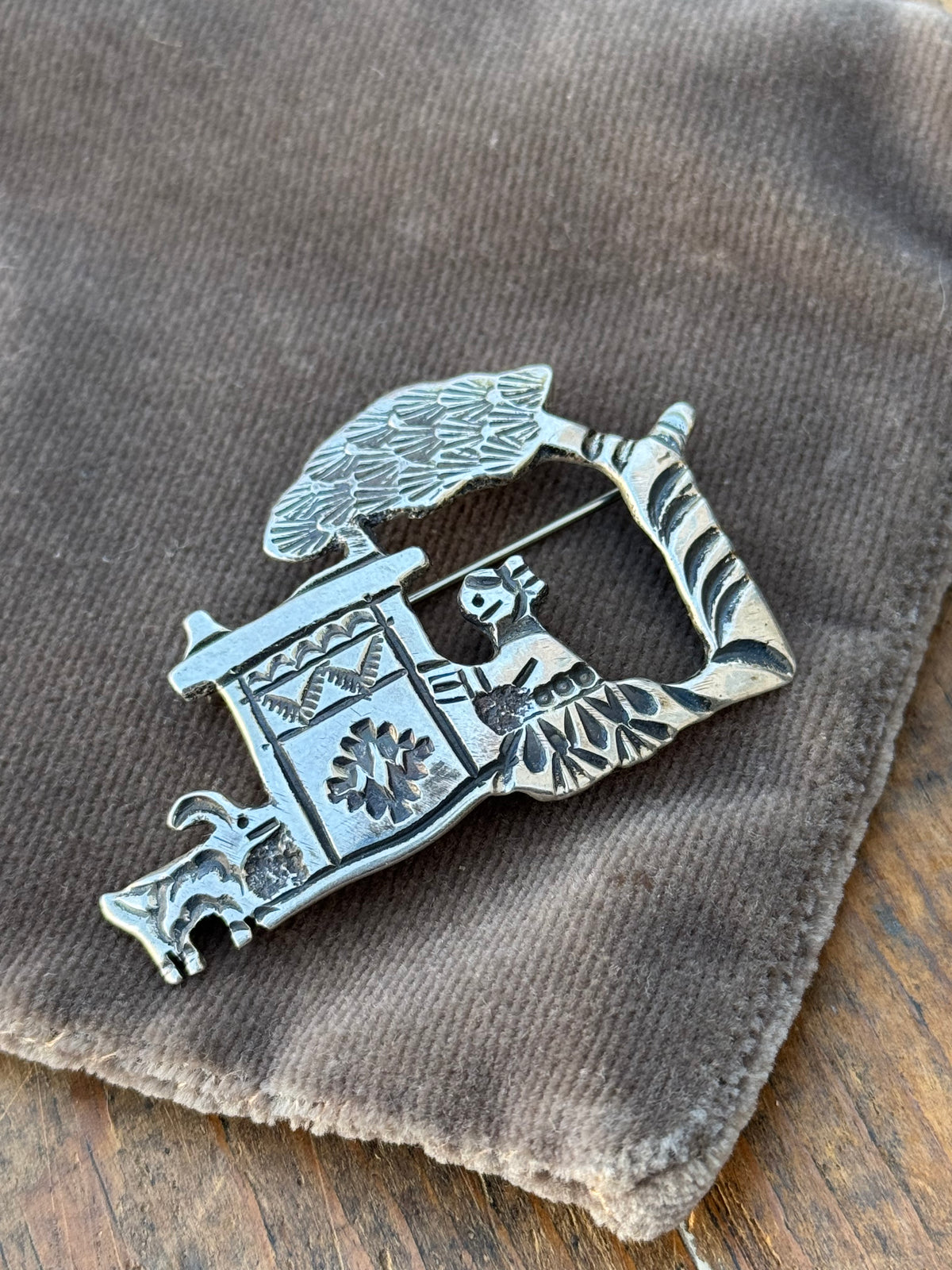 Vintage Sterling Silver Stamped Hearth Scene Pin