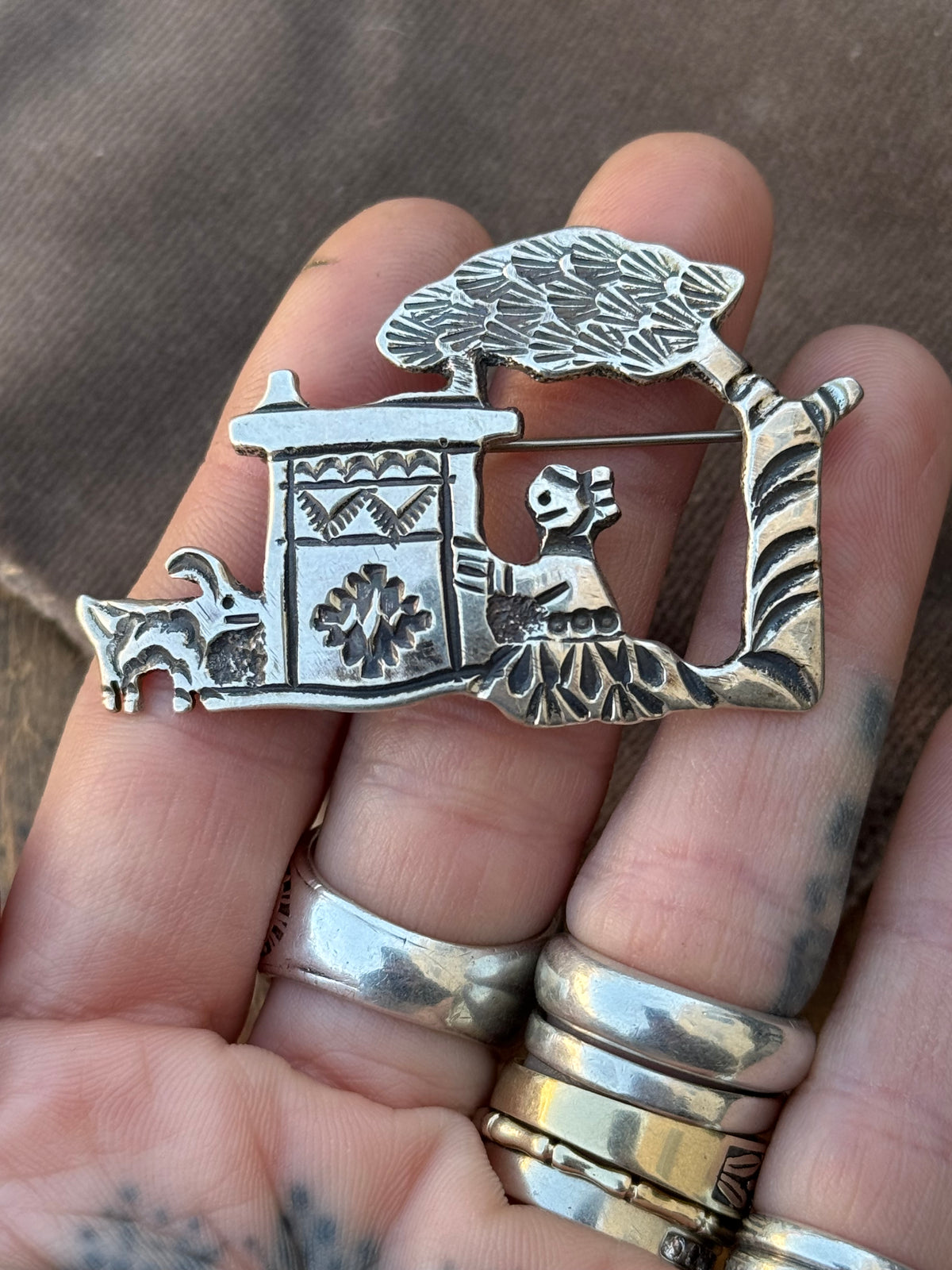 Vintage Sterling Silver Stamped Hearth Scene Pin
