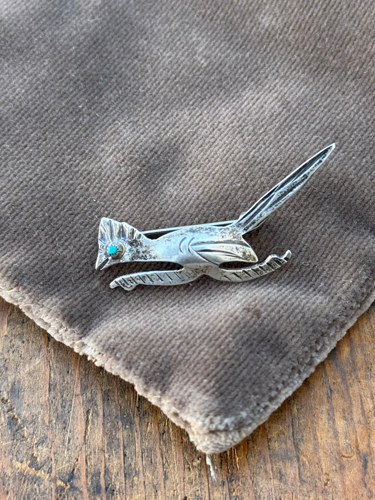 Vintage Sterling Silver Turquoise Roadrunner Pin