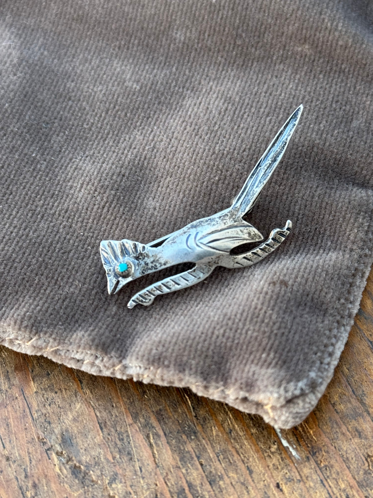 Vintage Sterling Silver Turquoise Roadrunner Pin