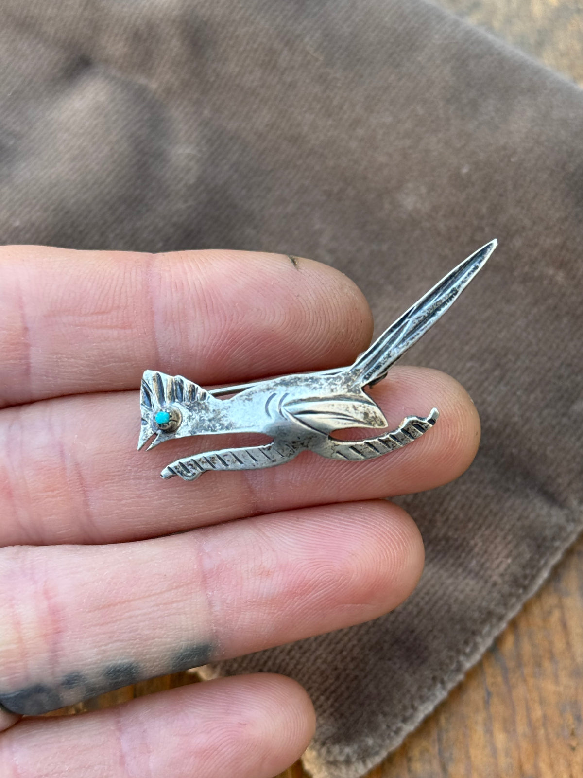 Vintage Sterling Silver Turquoise Roadrunner Pin