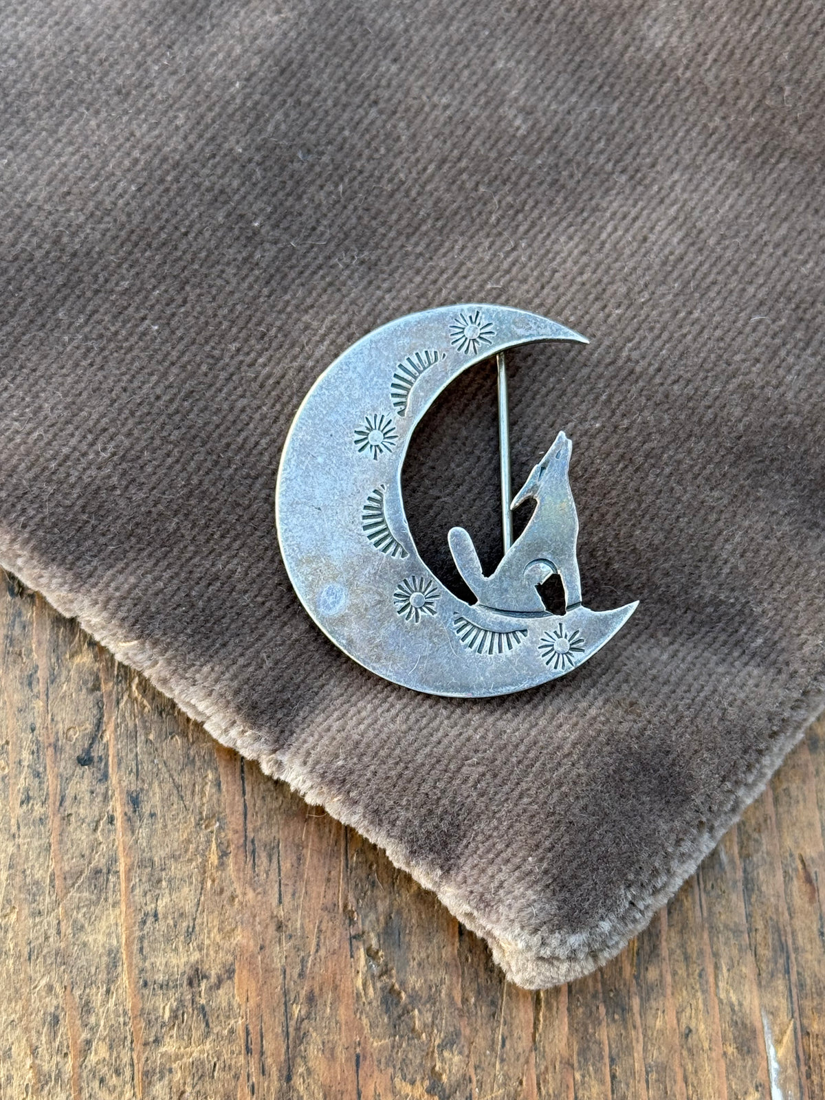 Vintage Sterling Silver Coyote Crescent Moon Pin