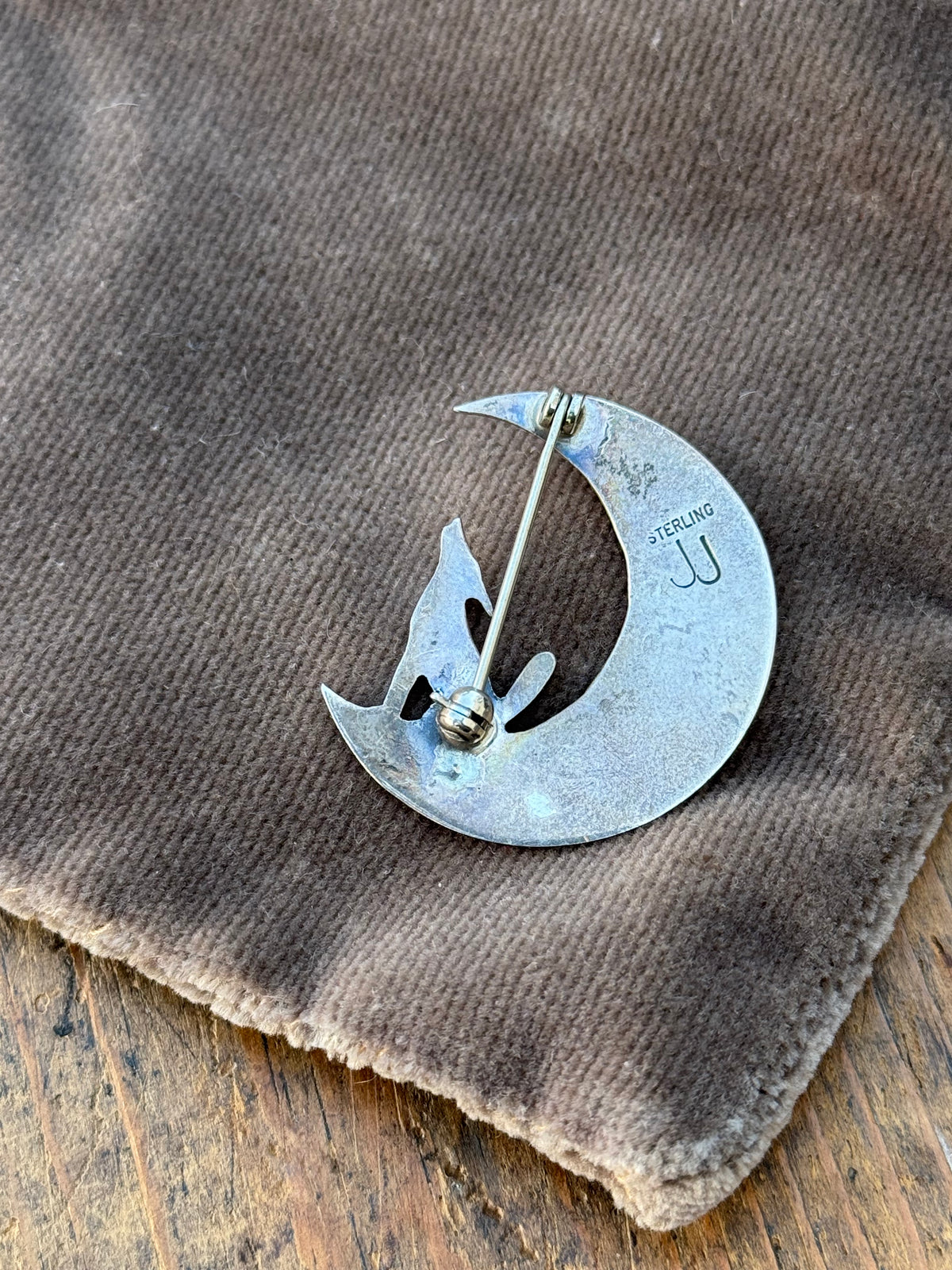 Vintage Sterling Silver Coyote Crescent Moon Pin