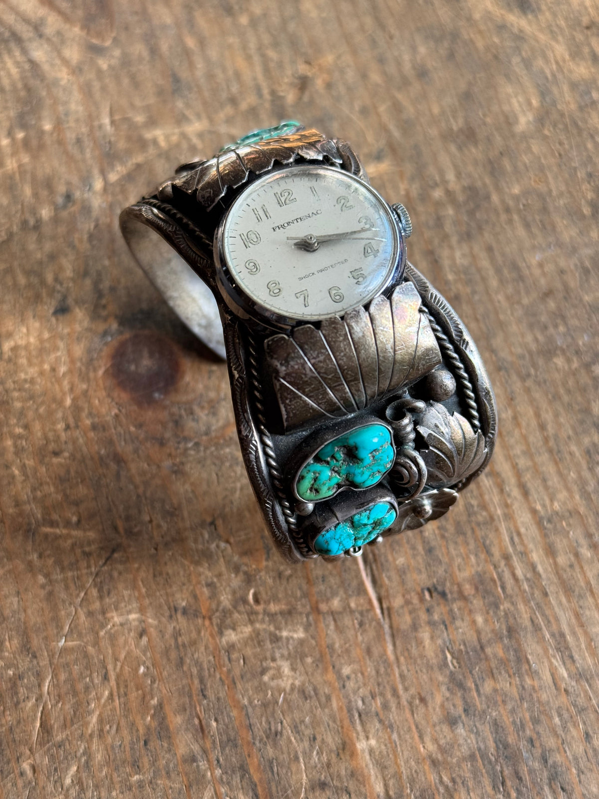 Vintage Sterling Silver Turquoise Feather Watch Cuff Bracelet