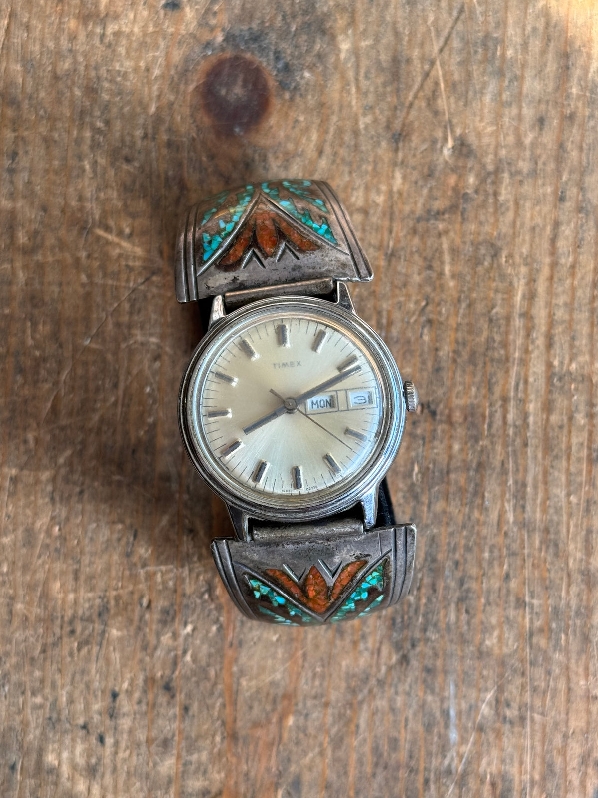 Vintage Sterling Silver Crushed Turquoise & Coral Watch Bracelet