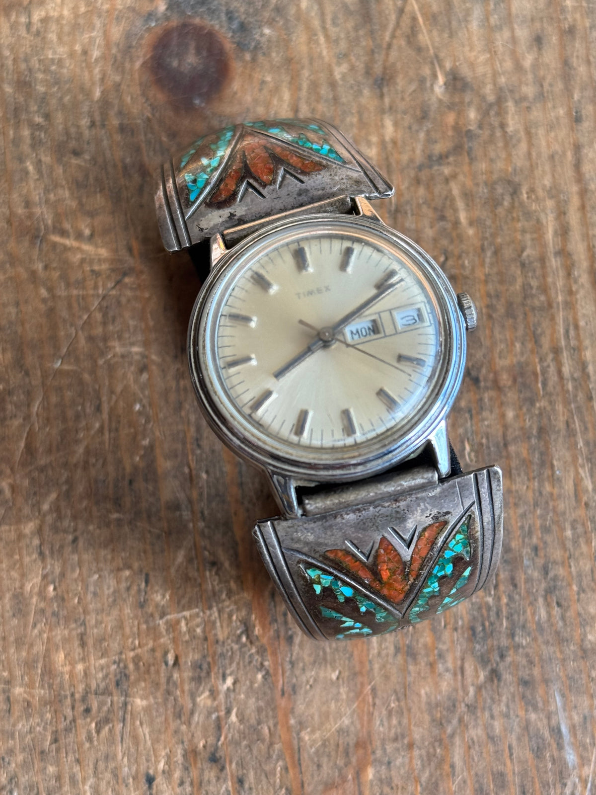Vintage Sterling Silver Crushed Turquoise & Coral Watch Bracelet