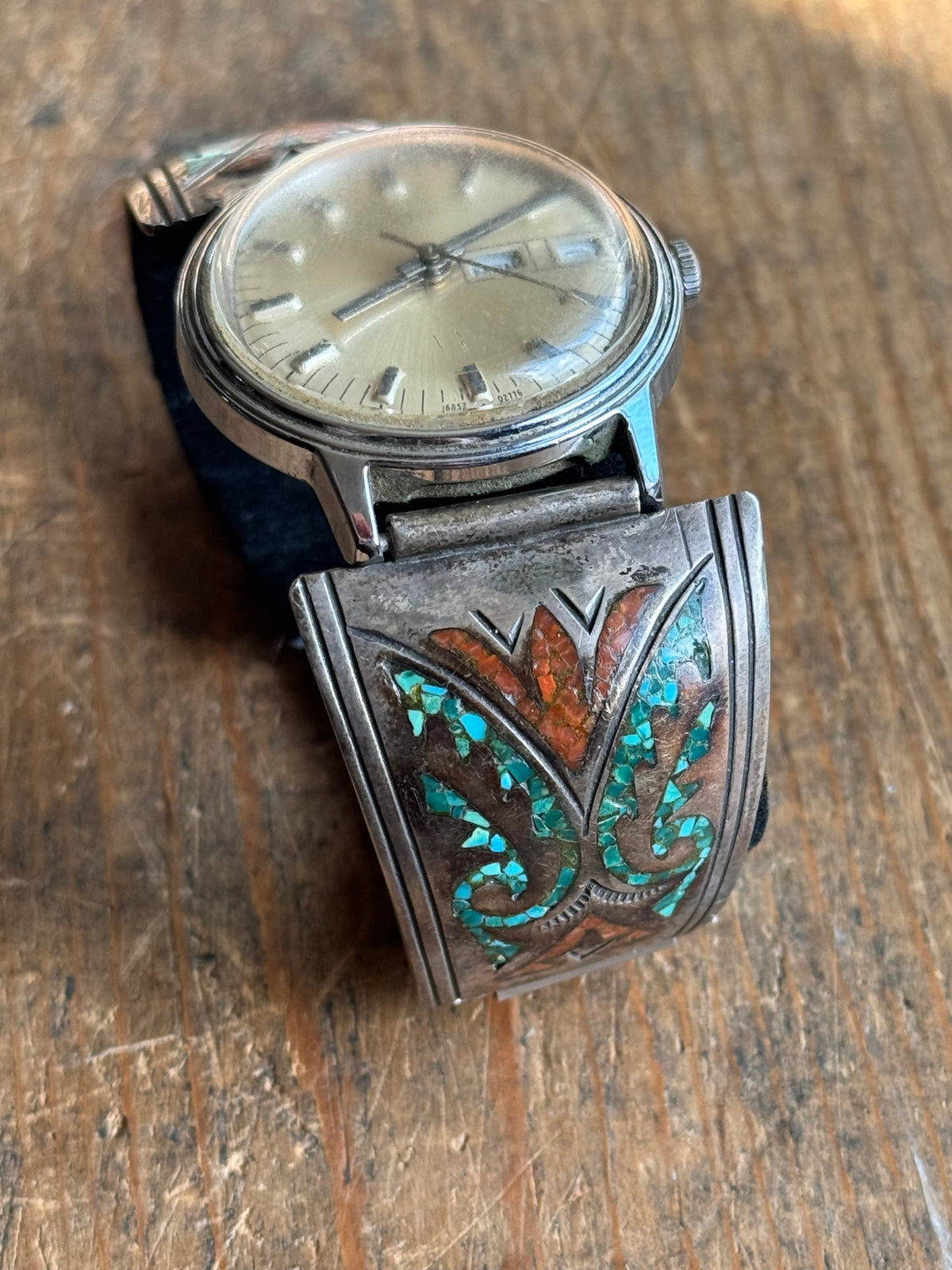 Vintage Sterling Silver Crushed Turquoise & Coral Watch Bracelet