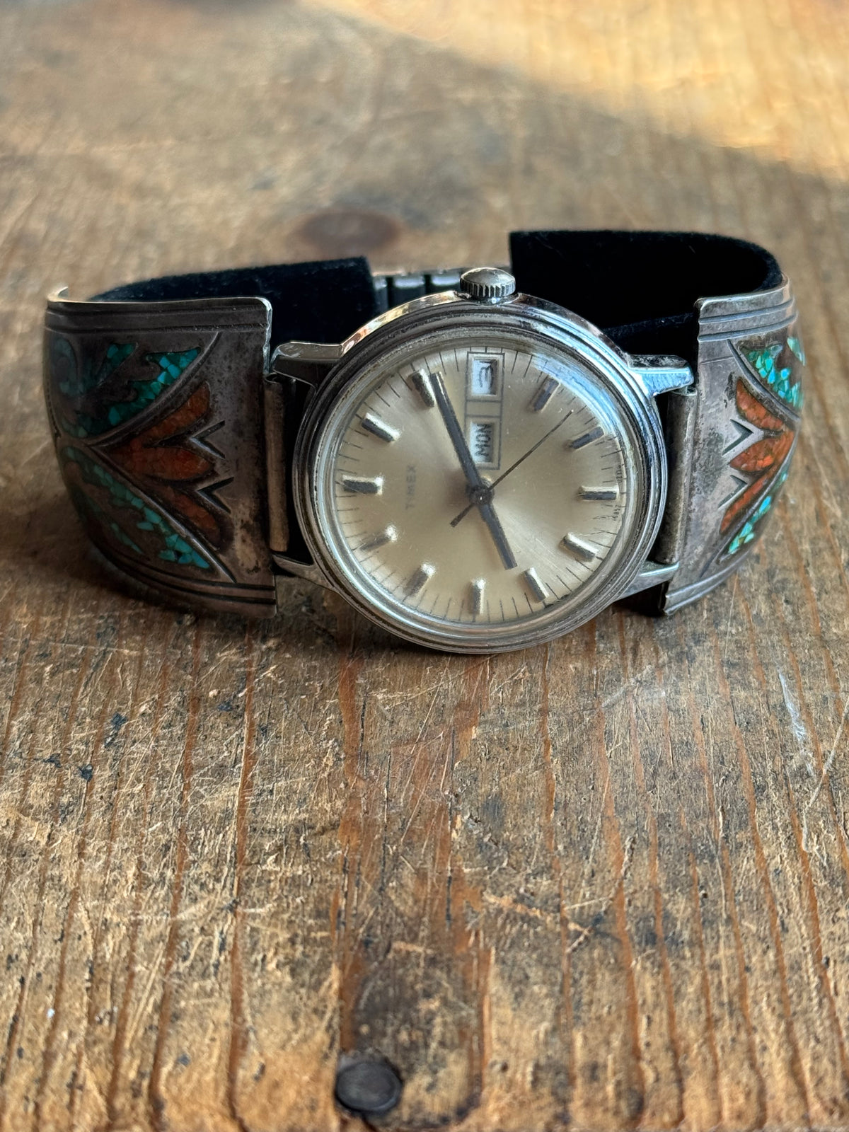 Vintage Sterling Silver Crushed Turquoise & Coral Watch Bracelet