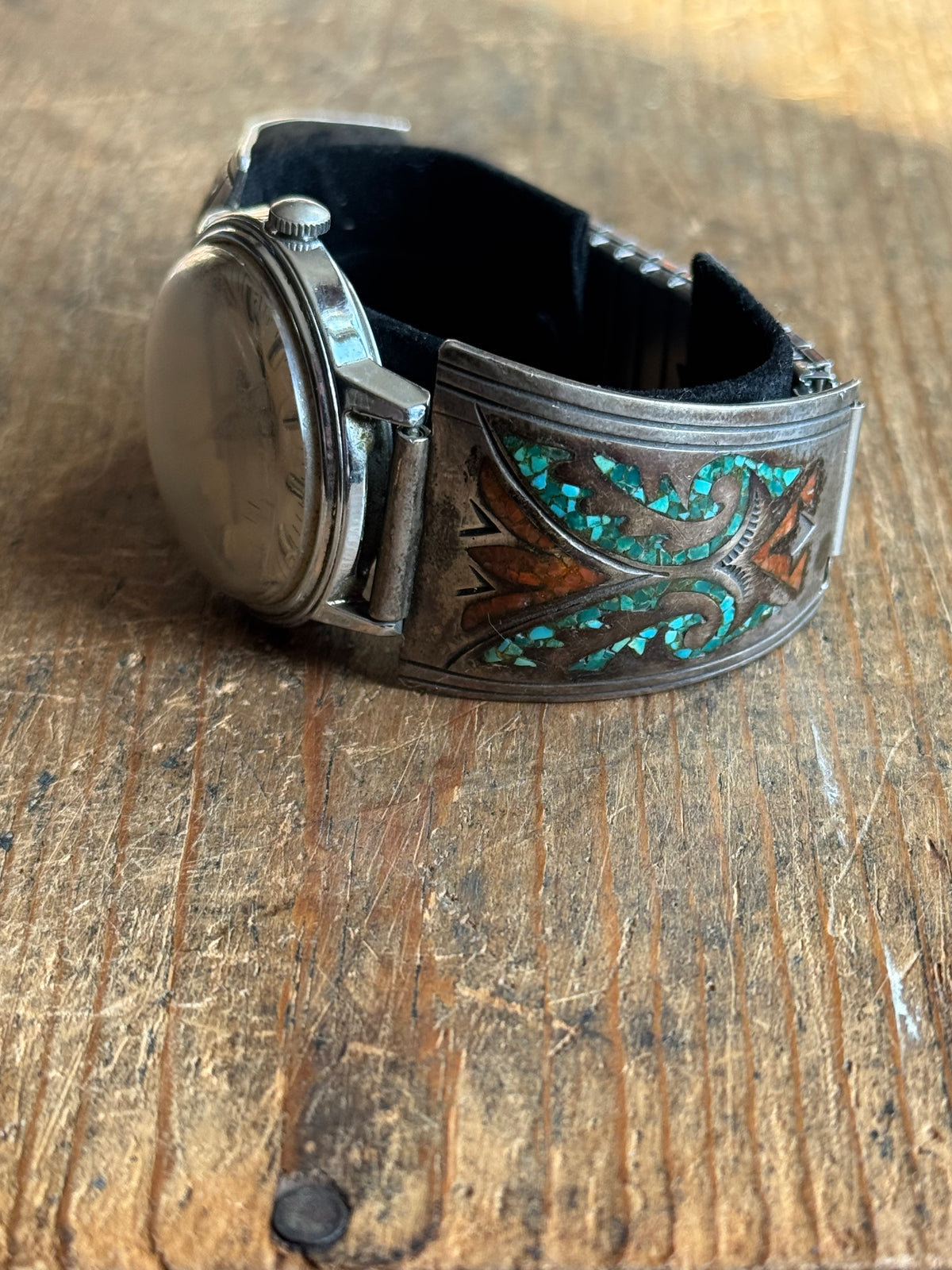 Vintage Sterling Silver Crushed Turquoise & Coral Watch Bracelet