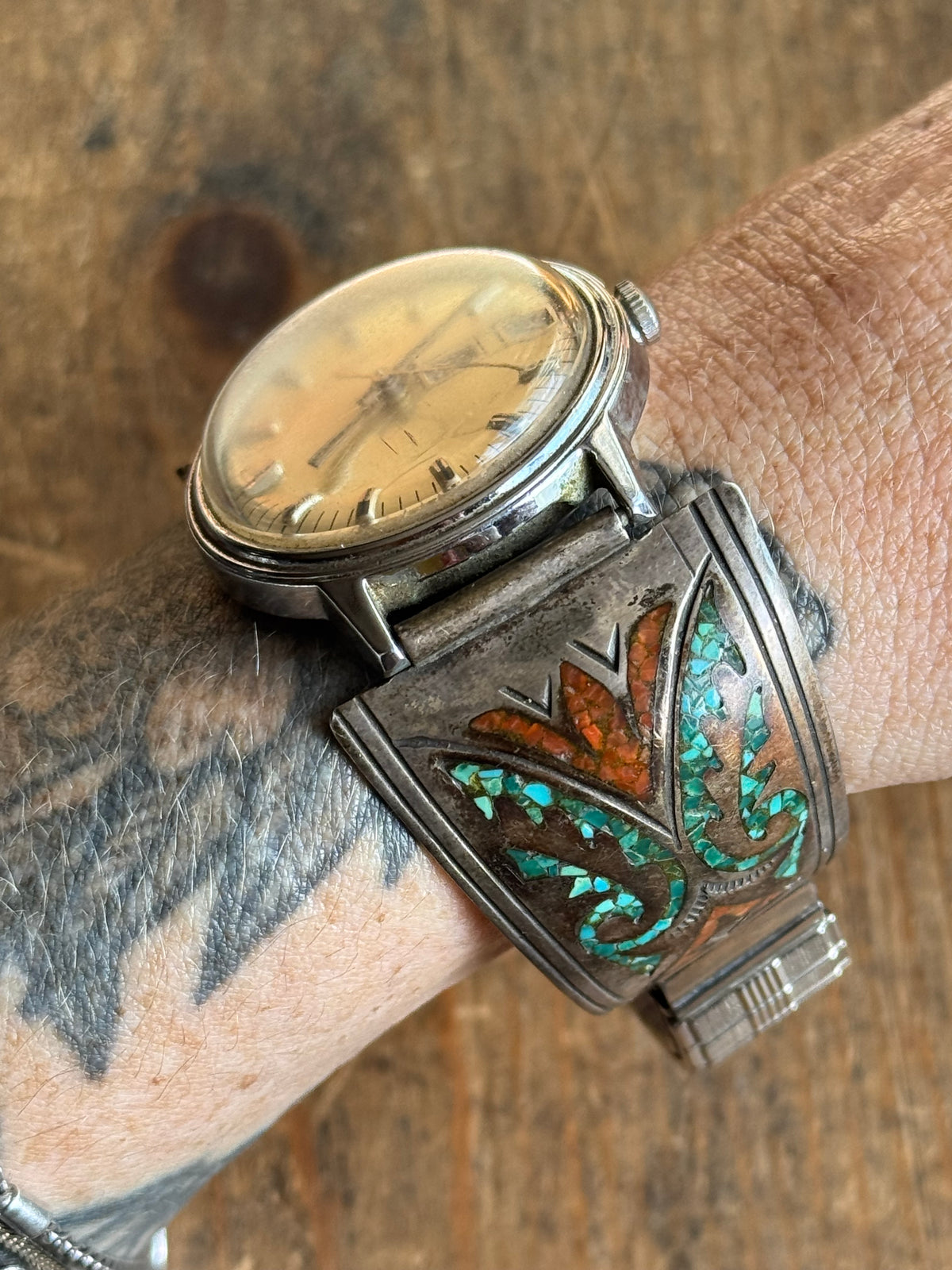 Vintage Sterling Silver Crushed Turquoise & Coral Watch Bracelet