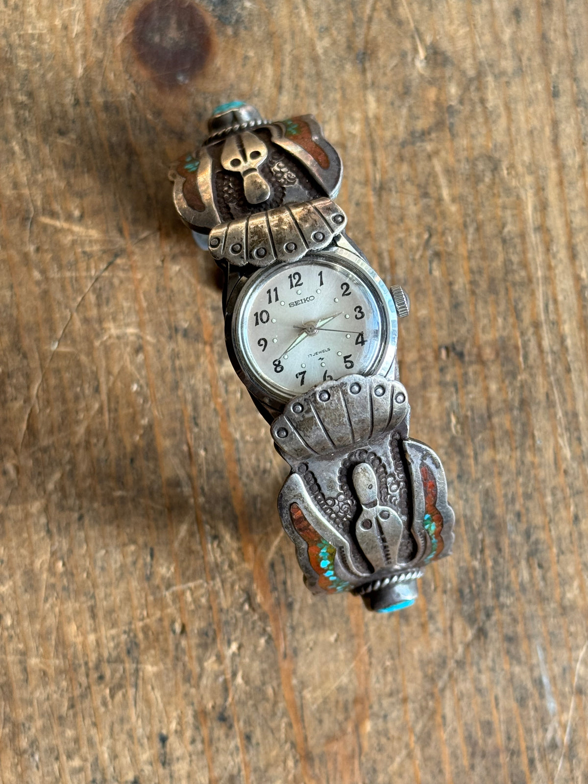Vintage Sterling Silver Crushed Turquoise & Coral Peyote Bird Watch Cuff Bracelet