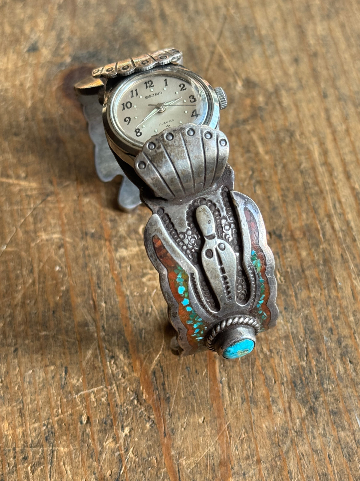 Vintage Sterling Silver Crushed Turquoise & Coral Peyote Bird Watch Cuff Bracelet