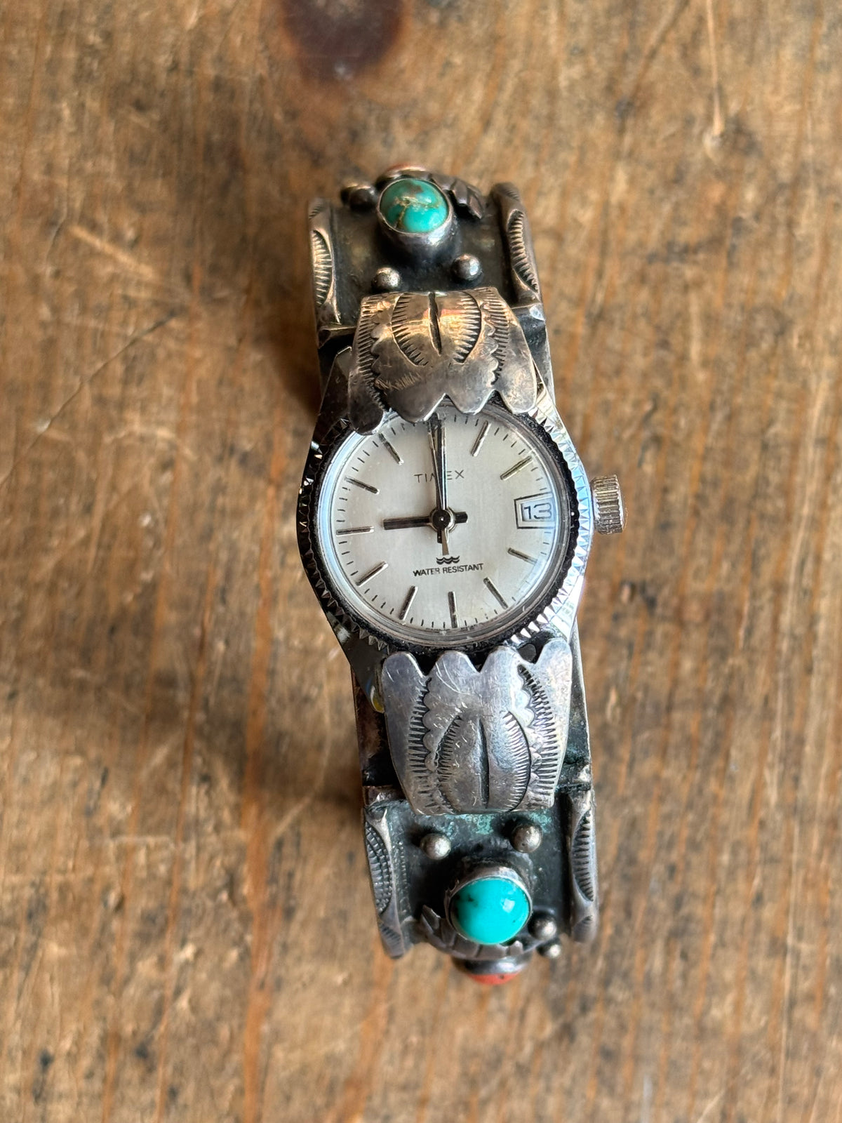 Vintage Sterling Silver Turquoise & Coral Leaf Watch Cuff Bracelet