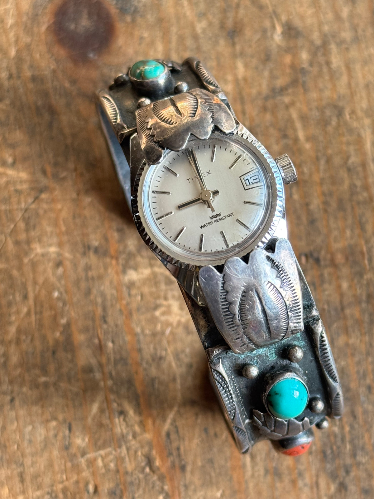 Vintage Sterling Silver Turquoise & Coral Leaf Watch Cuff Bracelet