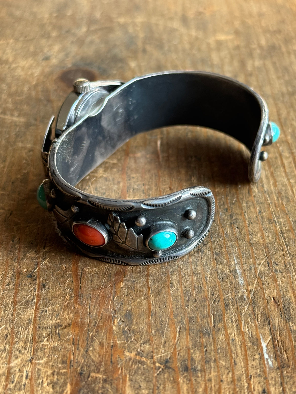 Vintage Sterling Silver Turquoise & Coral Leaf Watch Cuff Bracelet