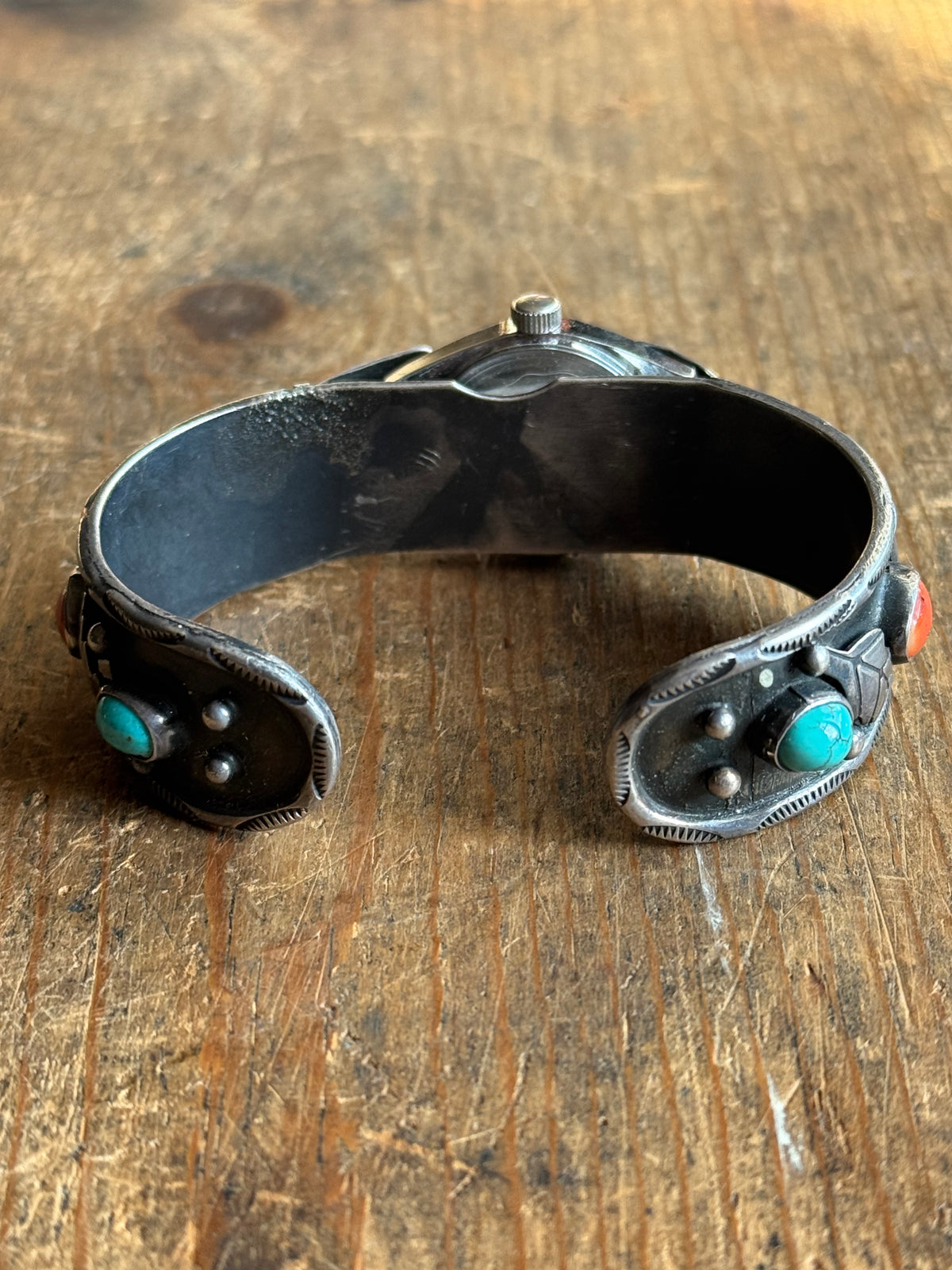 Vintage Sterling Silver Turquoise & Coral Leaf Watch Cuff Bracelet
