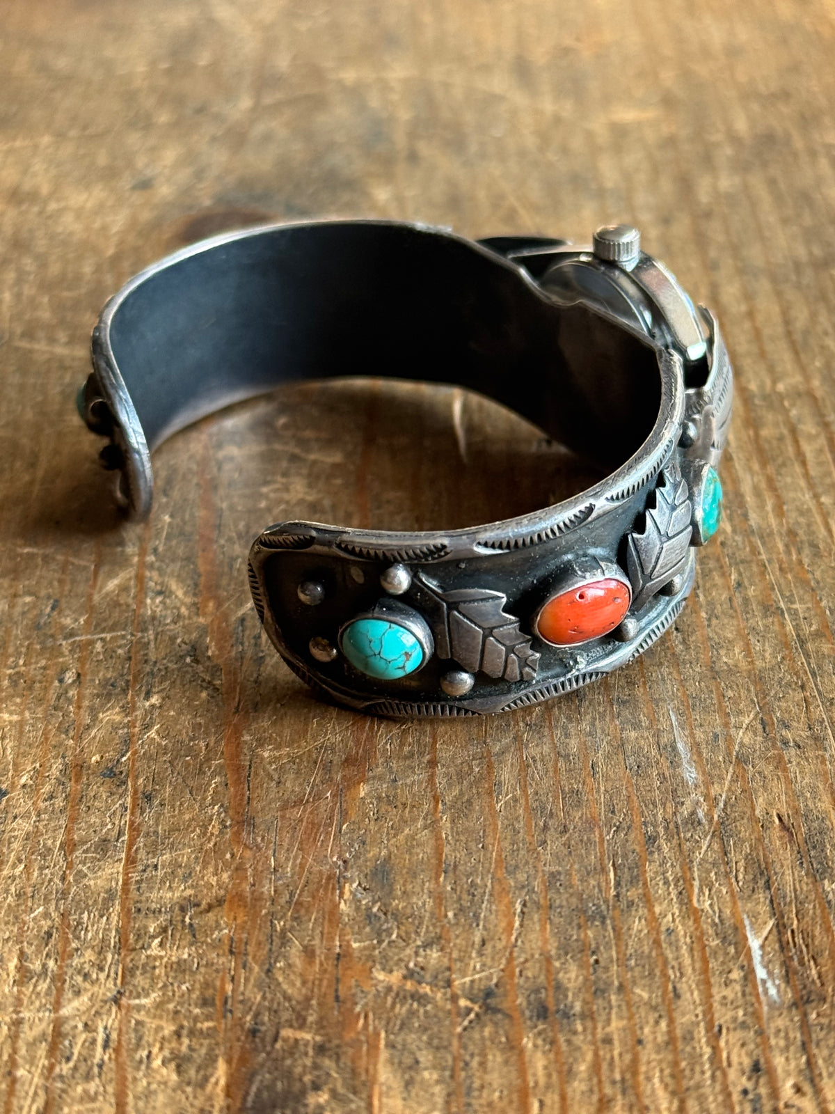 Vintage Sterling Silver Turquoise & Coral Leaf Watch Cuff Bracelet