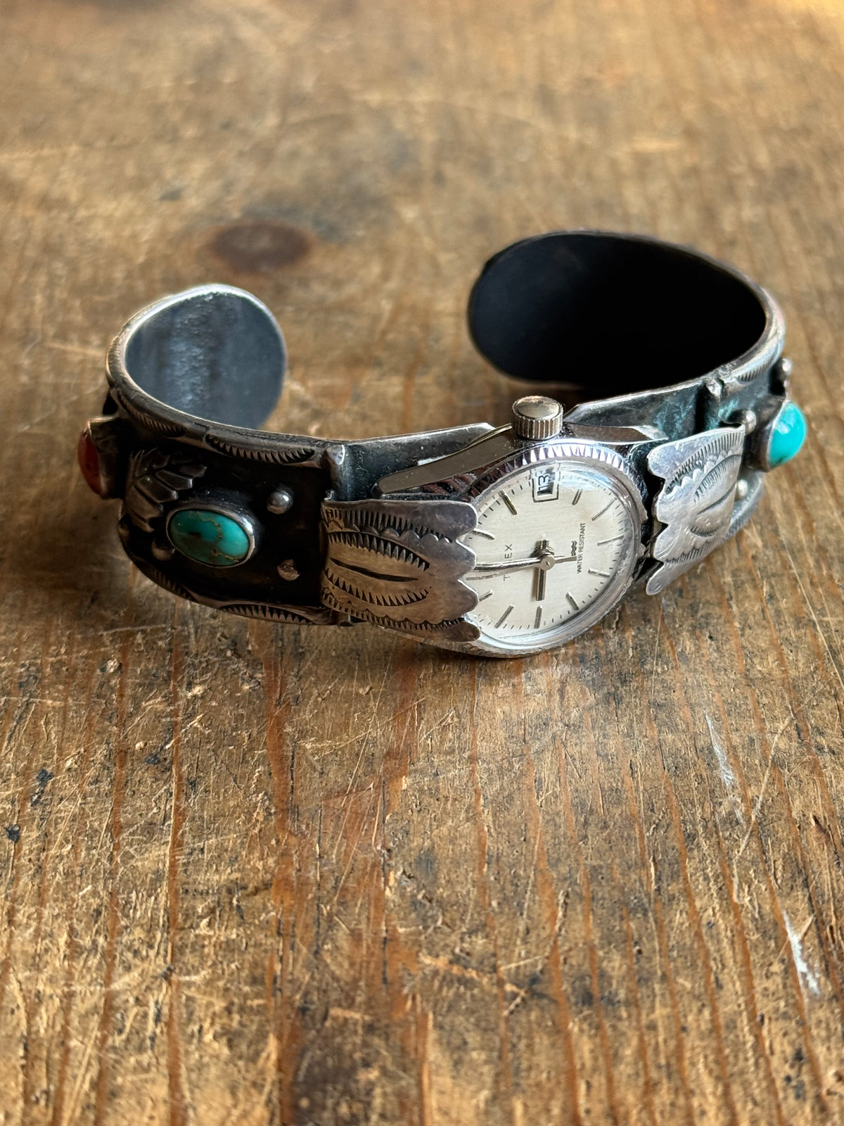 Vintage Sterling Silver Turquoise & Coral Leaf Watch Cuff Bracelet