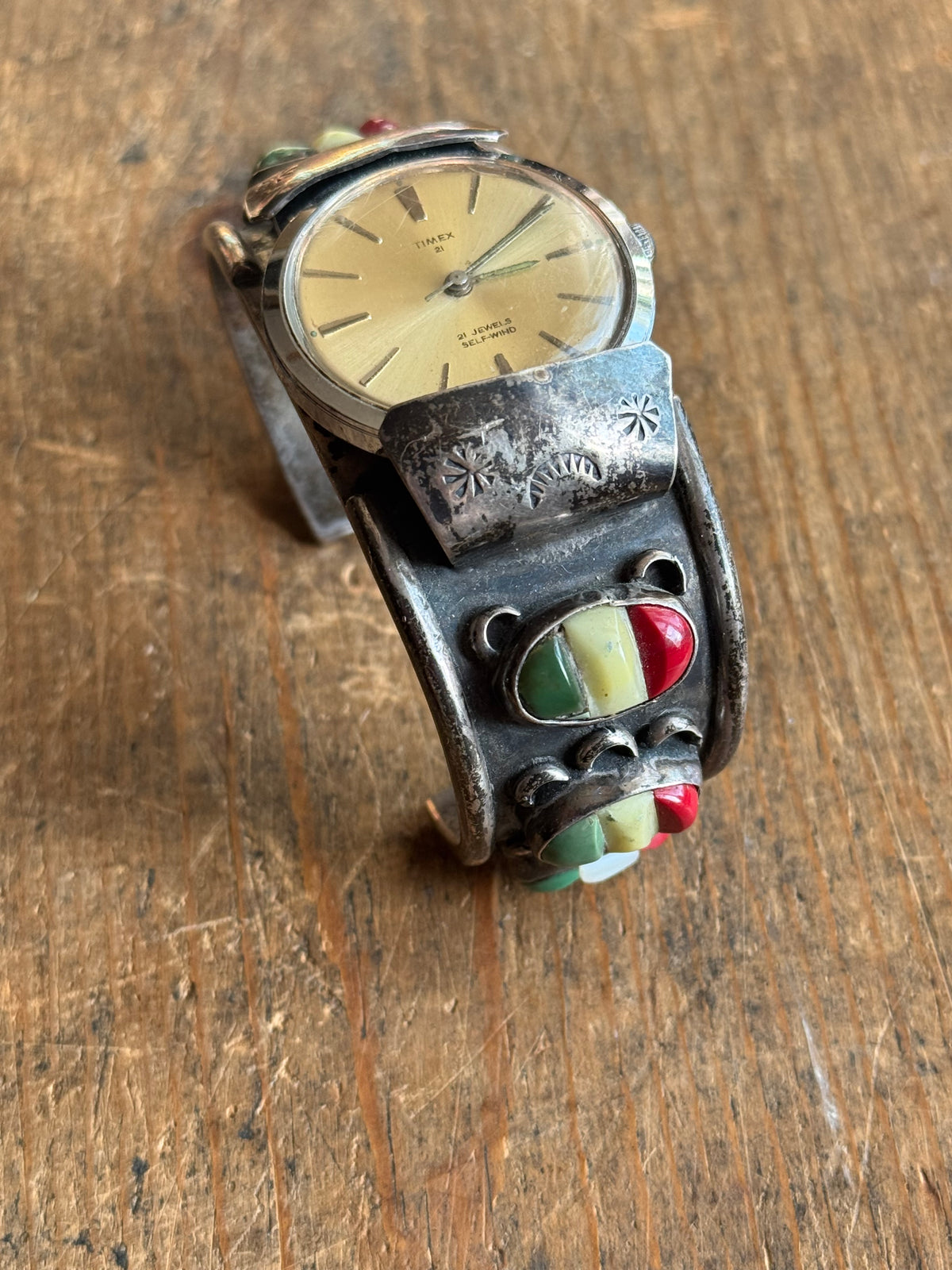 Vintage Sterling Silver Multistone Stamped Watch Cuff Bracelet