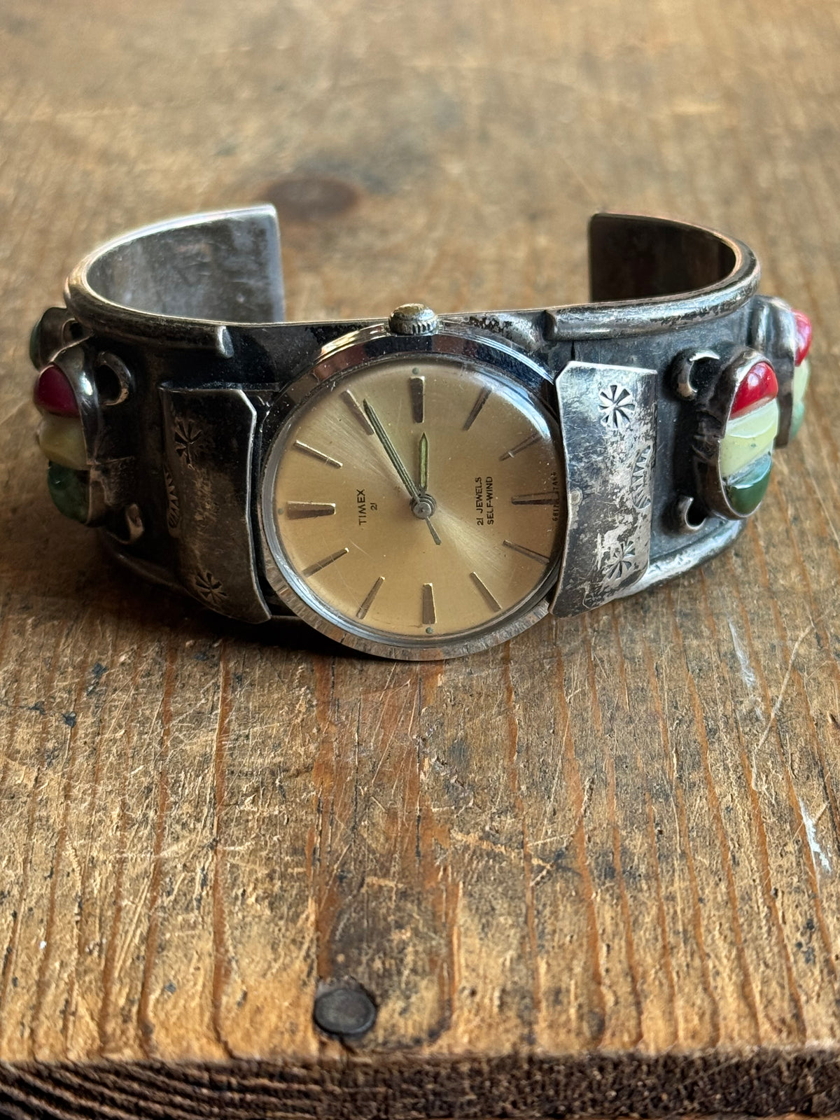 Vintage Sterling Silver Multistone Stamped Watch Cuff Bracelet