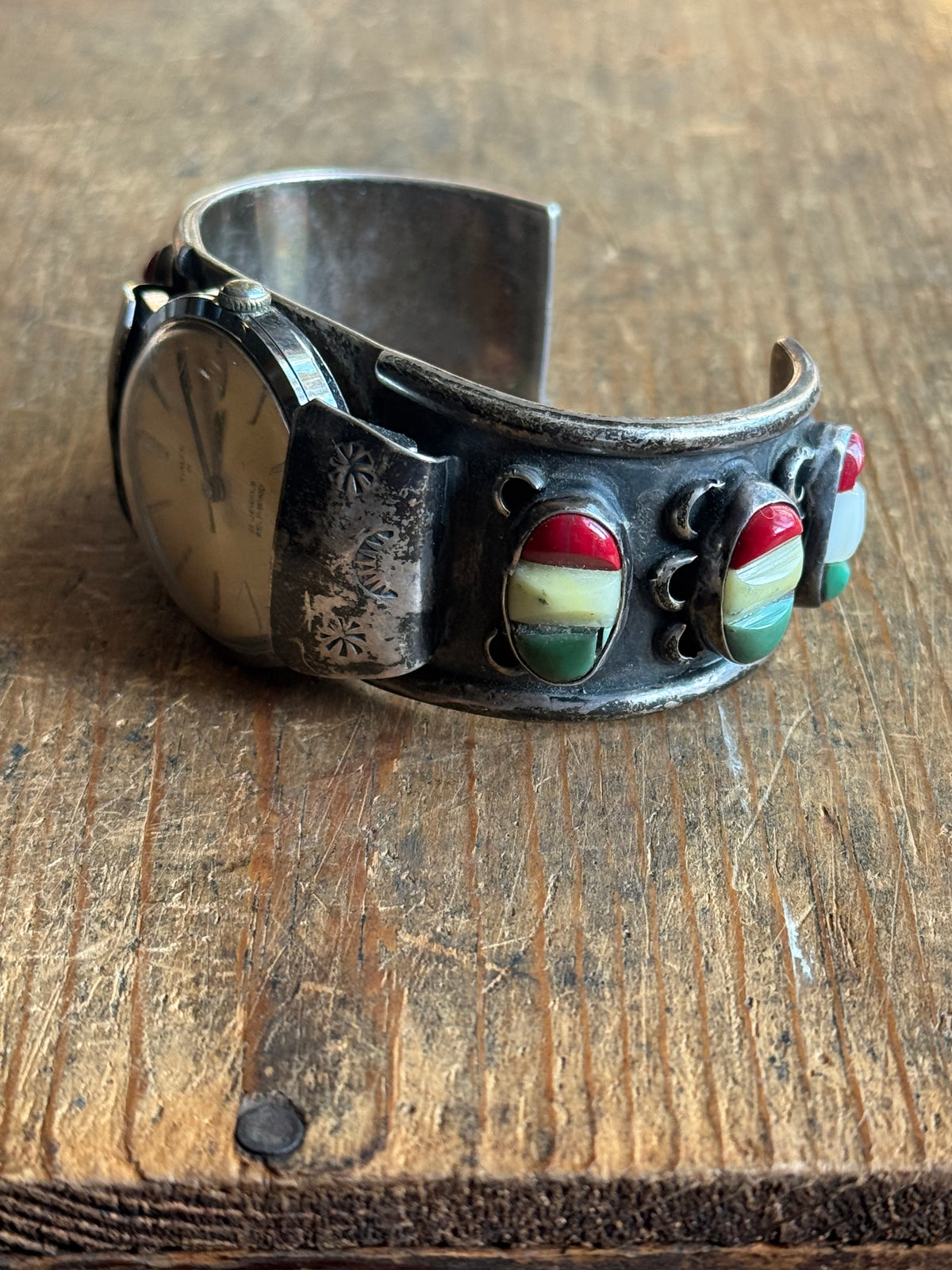Vintage Sterling Silver Multistone Stamped Watch Cuff Bracelet