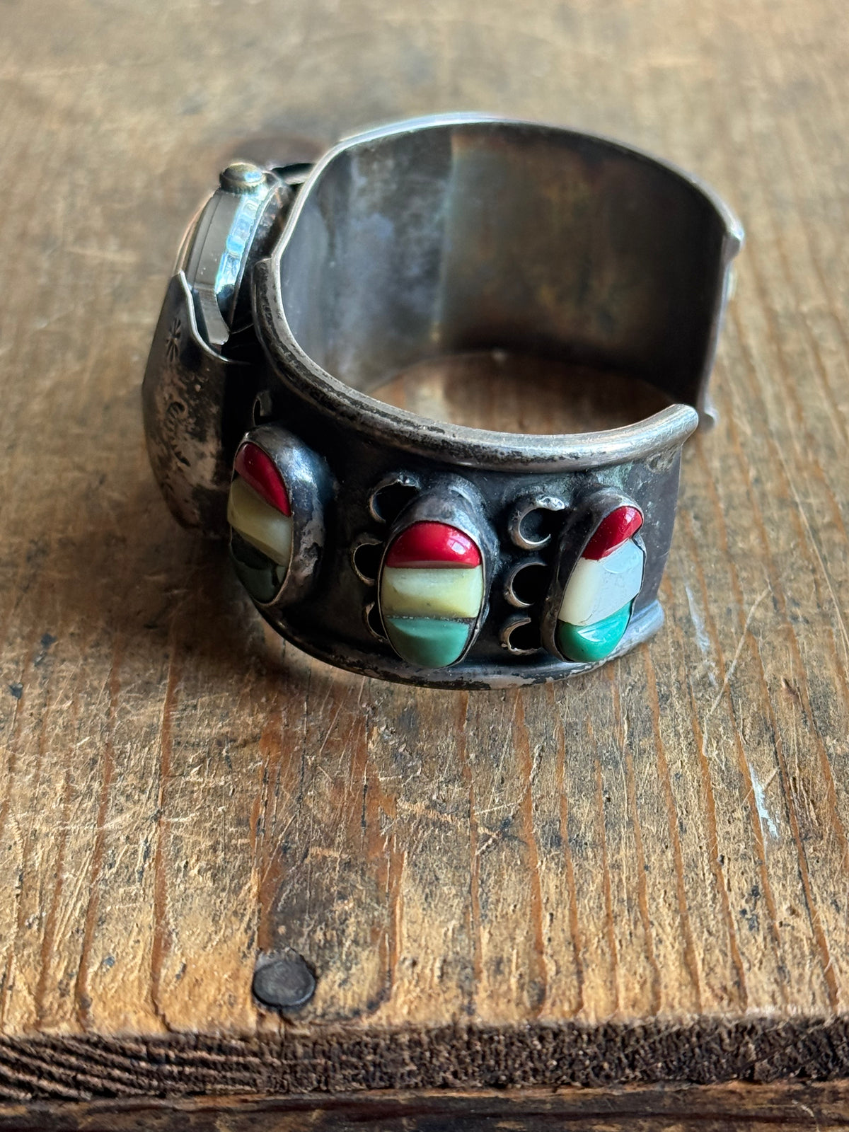 Vintage Sterling Silver Multistone Stamped Watch Cuff Bracelet
