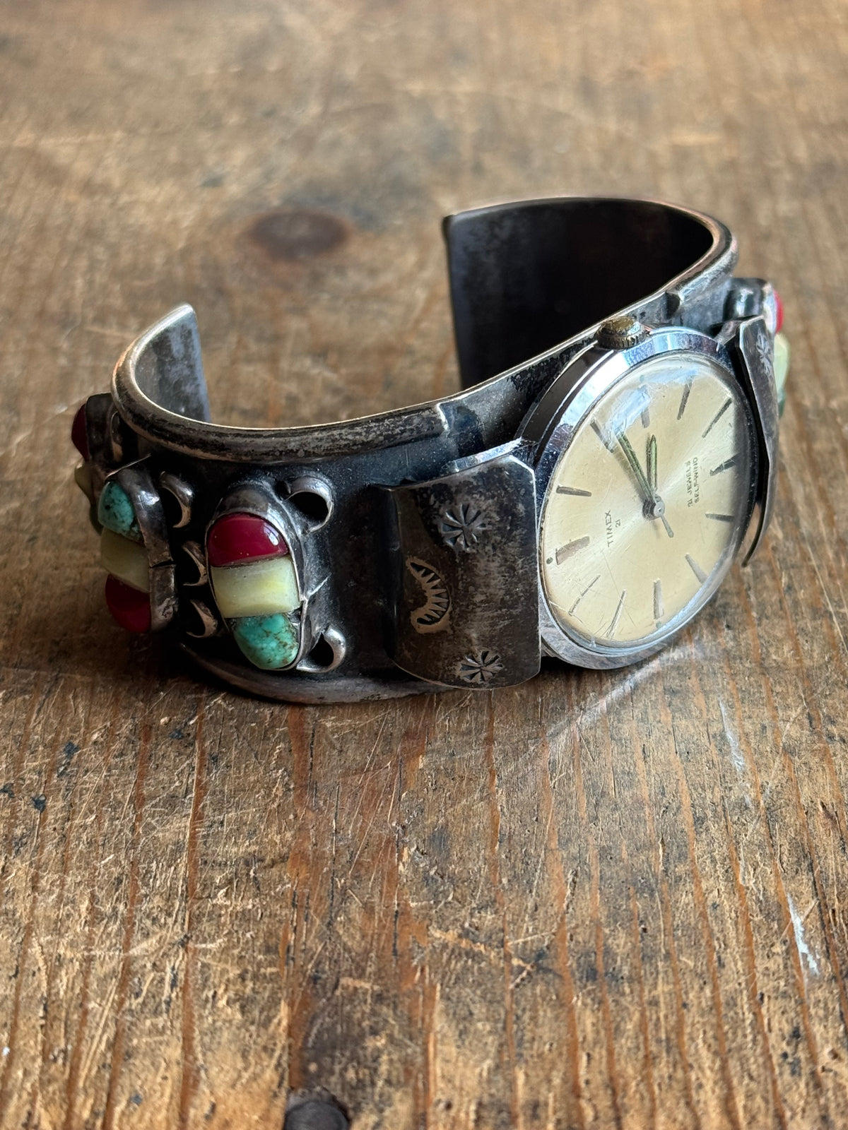 Vintage Sterling Silver Multistone Stamped Watch Cuff Bracelet