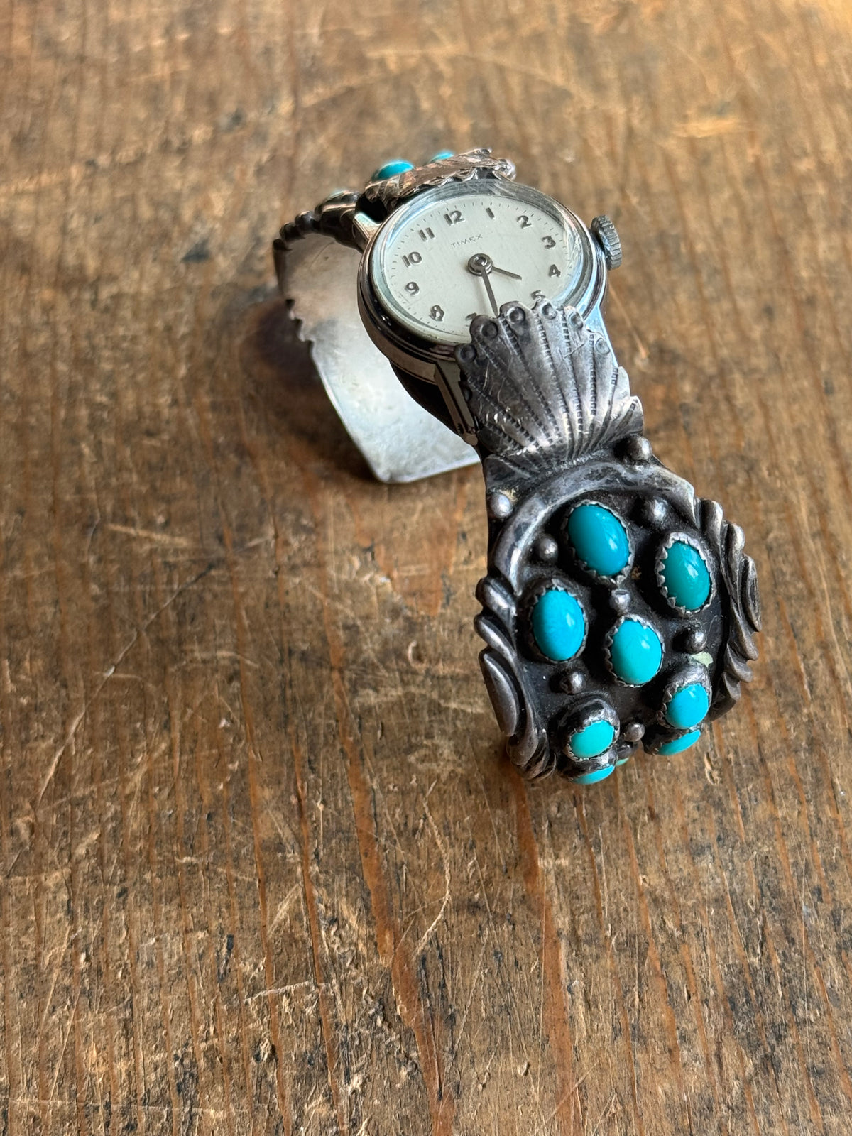 Vintage Sterling Silver Stamped Turquoise Watch Cuff Bracelet