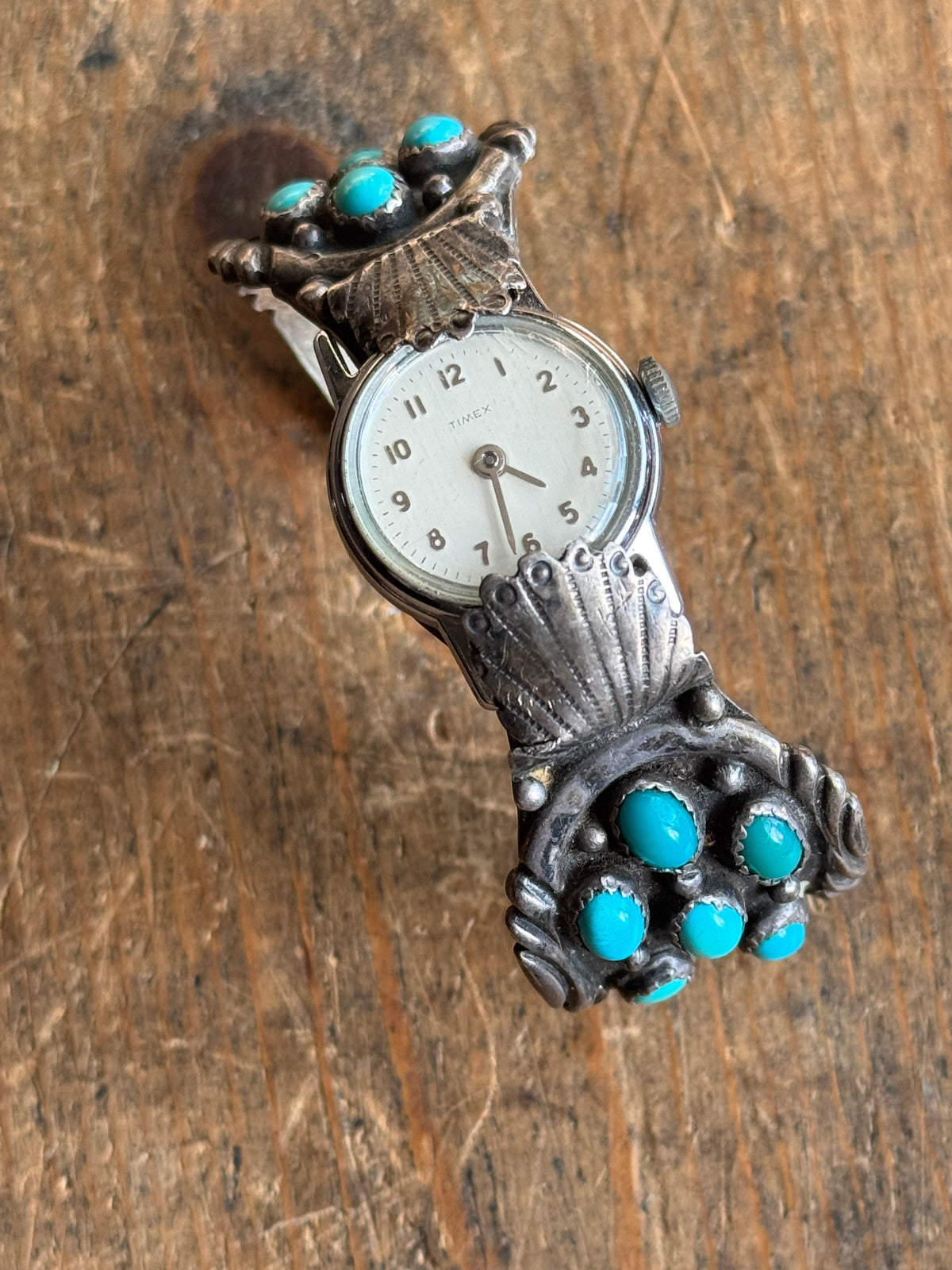 Vintage Sterling Silver Stamped Turquoise Watch Cuff Bracelet