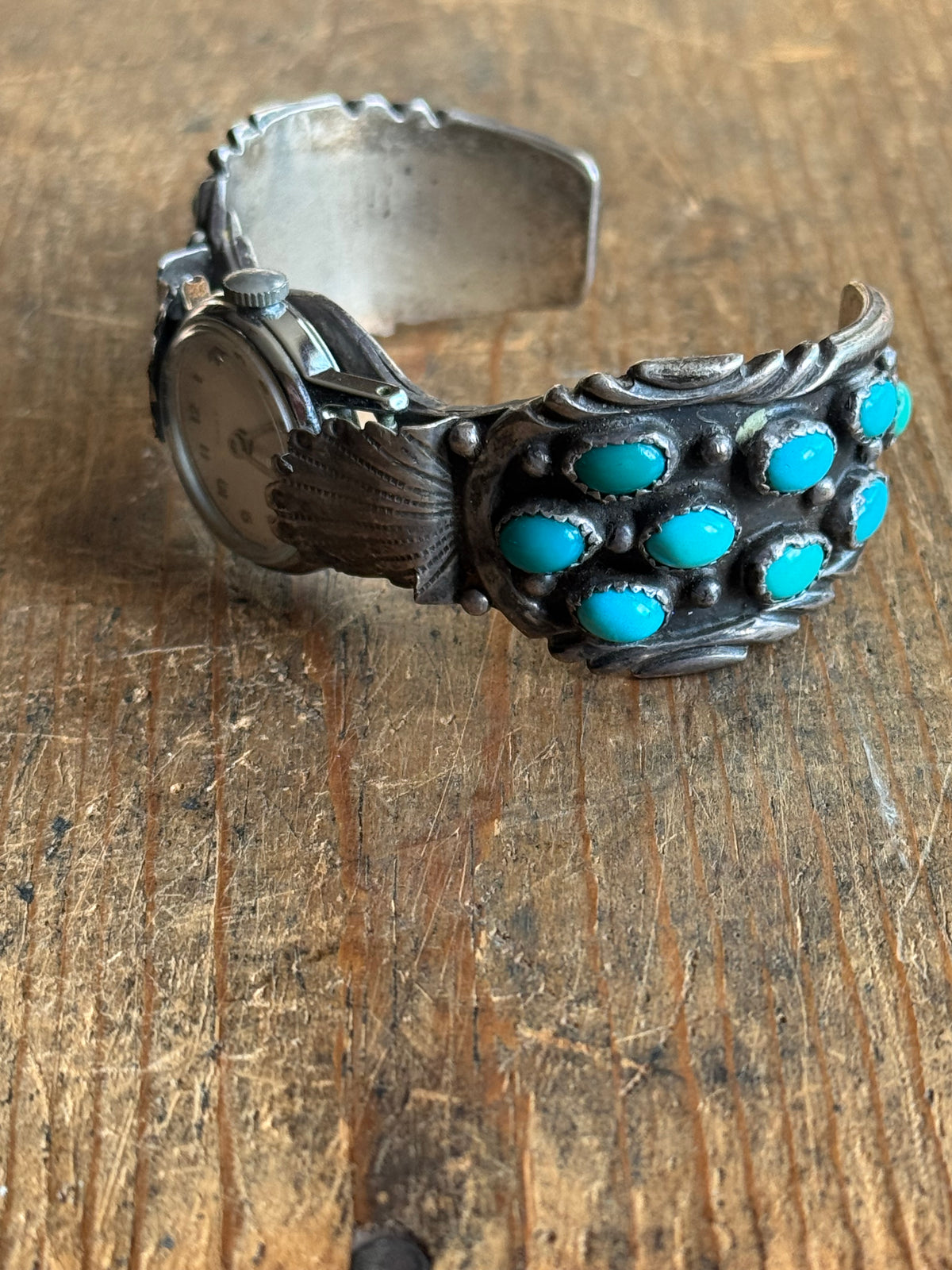 Vintage Sterling Silver Stamped Turquoise Watch Cuff Bracelet