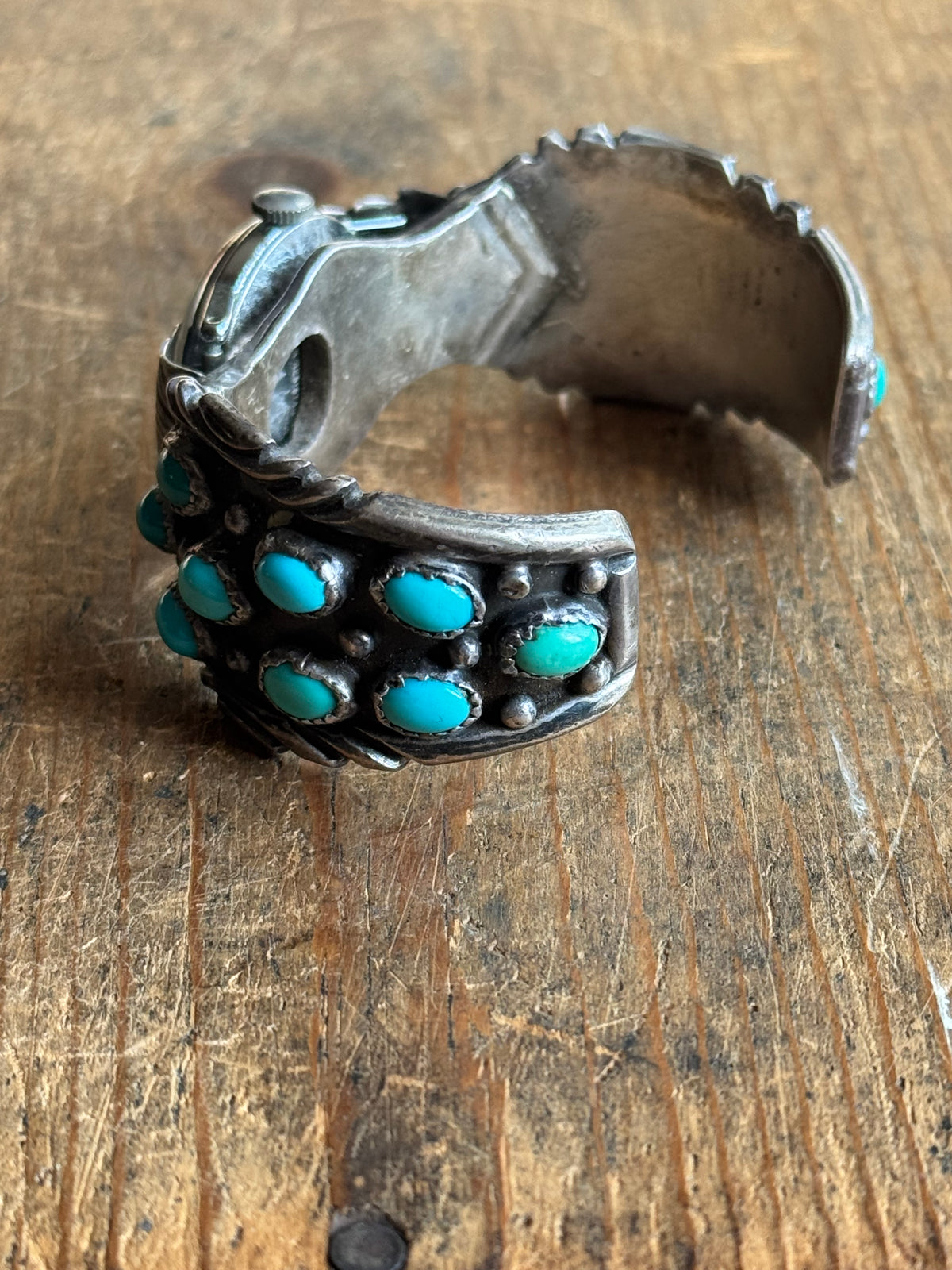 Vintage Sterling Silver Stamped Turquoise Watch Cuff Bracelet