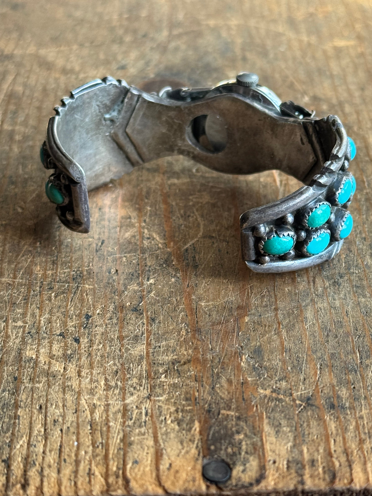 Vintage Sterling Silver Stamped Turquoise Watch Cuff Bracelet